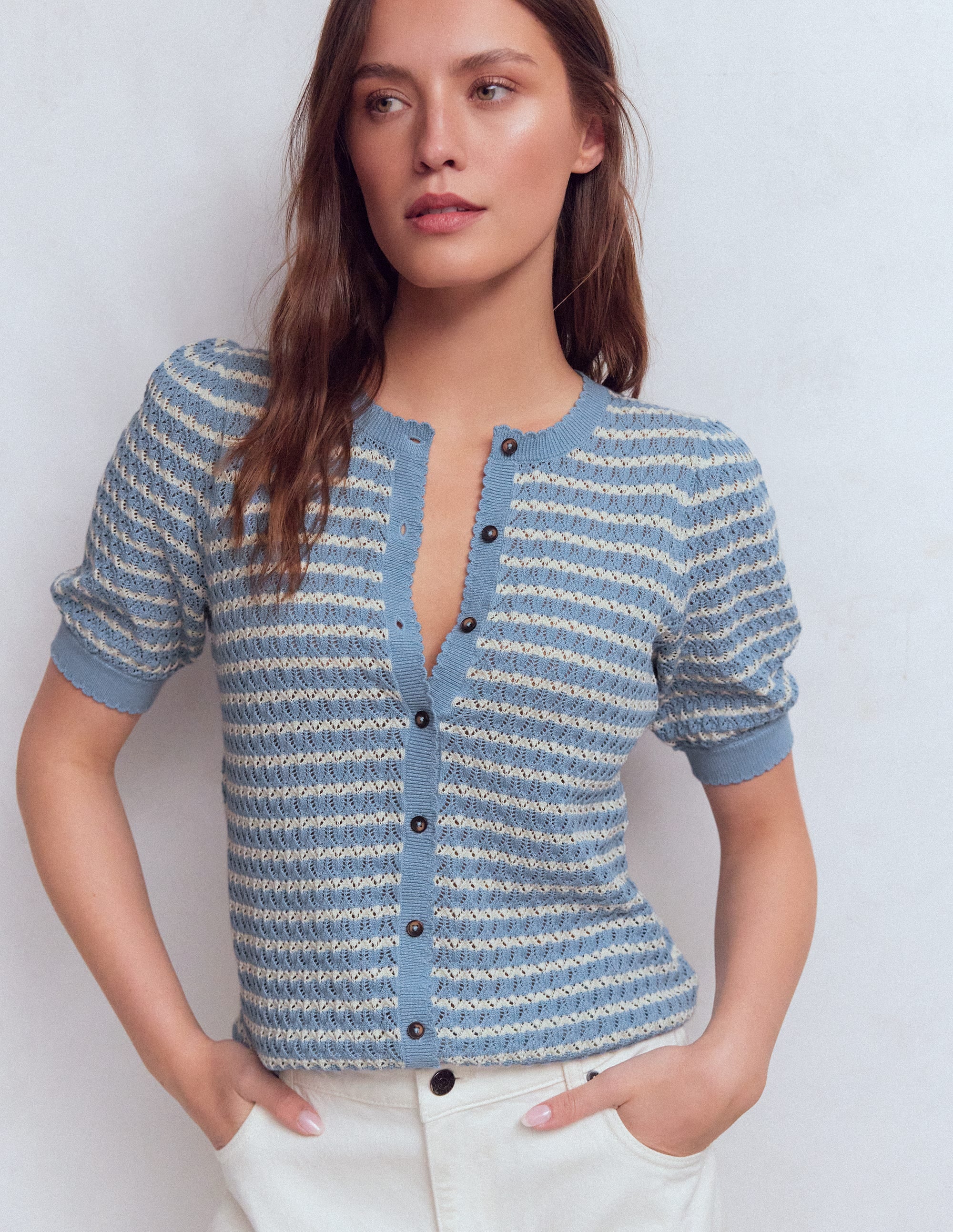 Gepunktete Pointelle-Strickjacke-Blau Streifen - Image 4