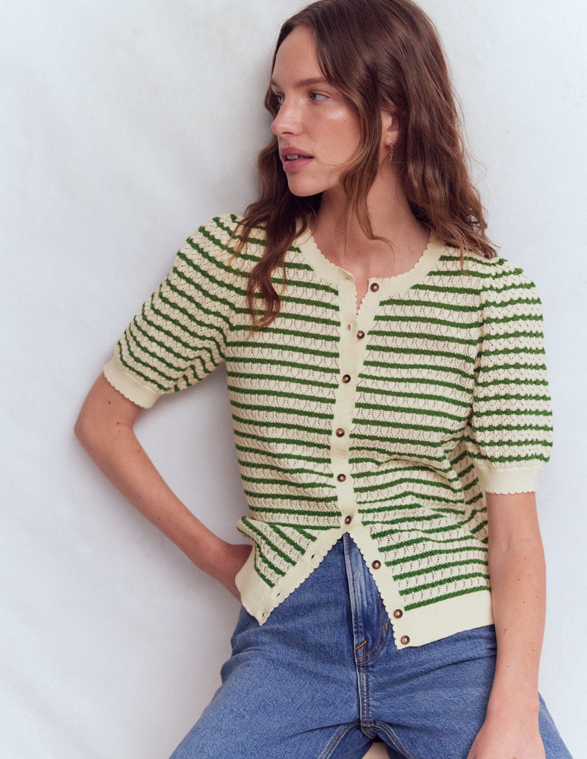 Gepunktete Pointelle-Strickjacke-Grün Streifen - Image 1