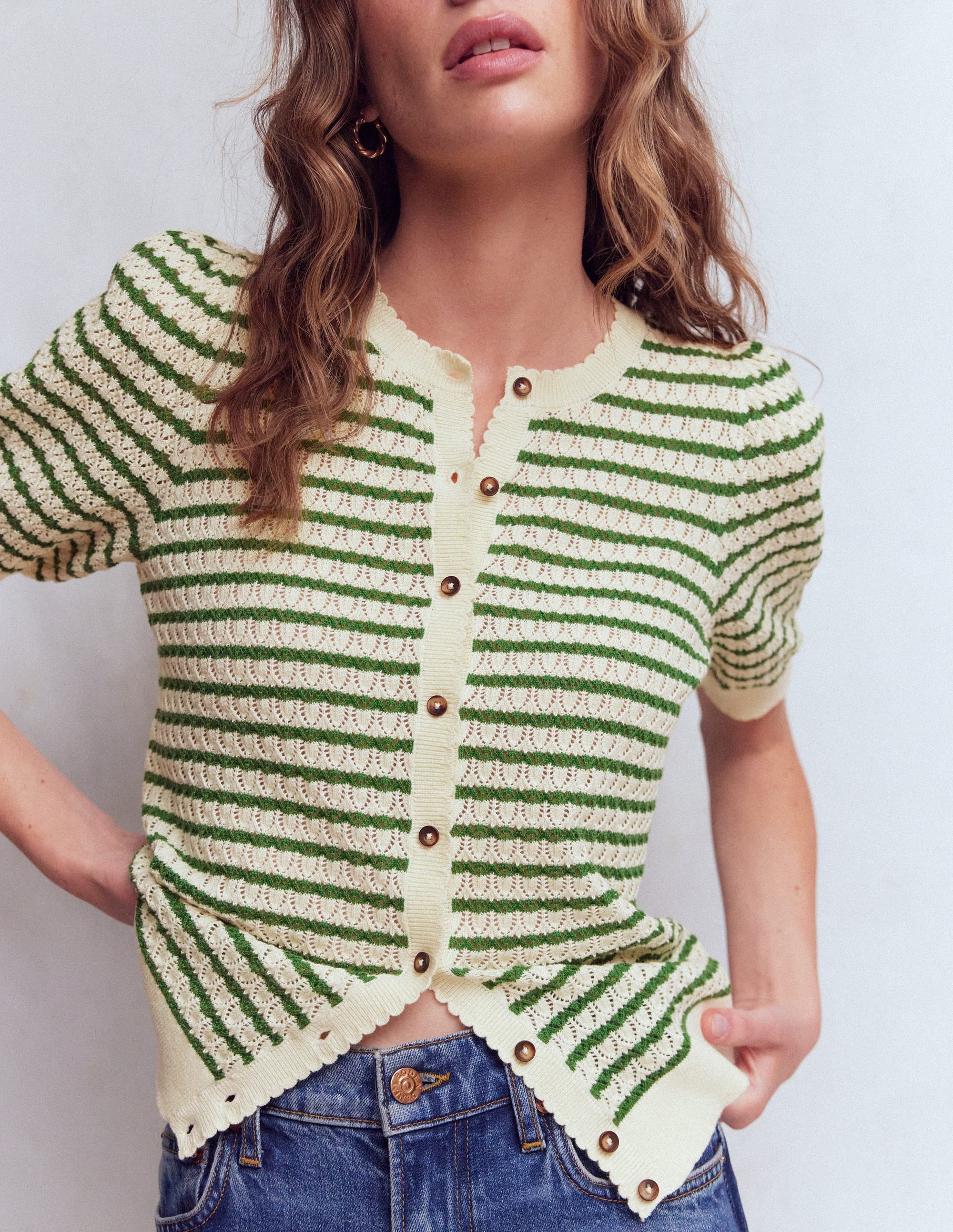 Gepunktete Pointelle-Strickjacke-Grün Streifen - Image 2