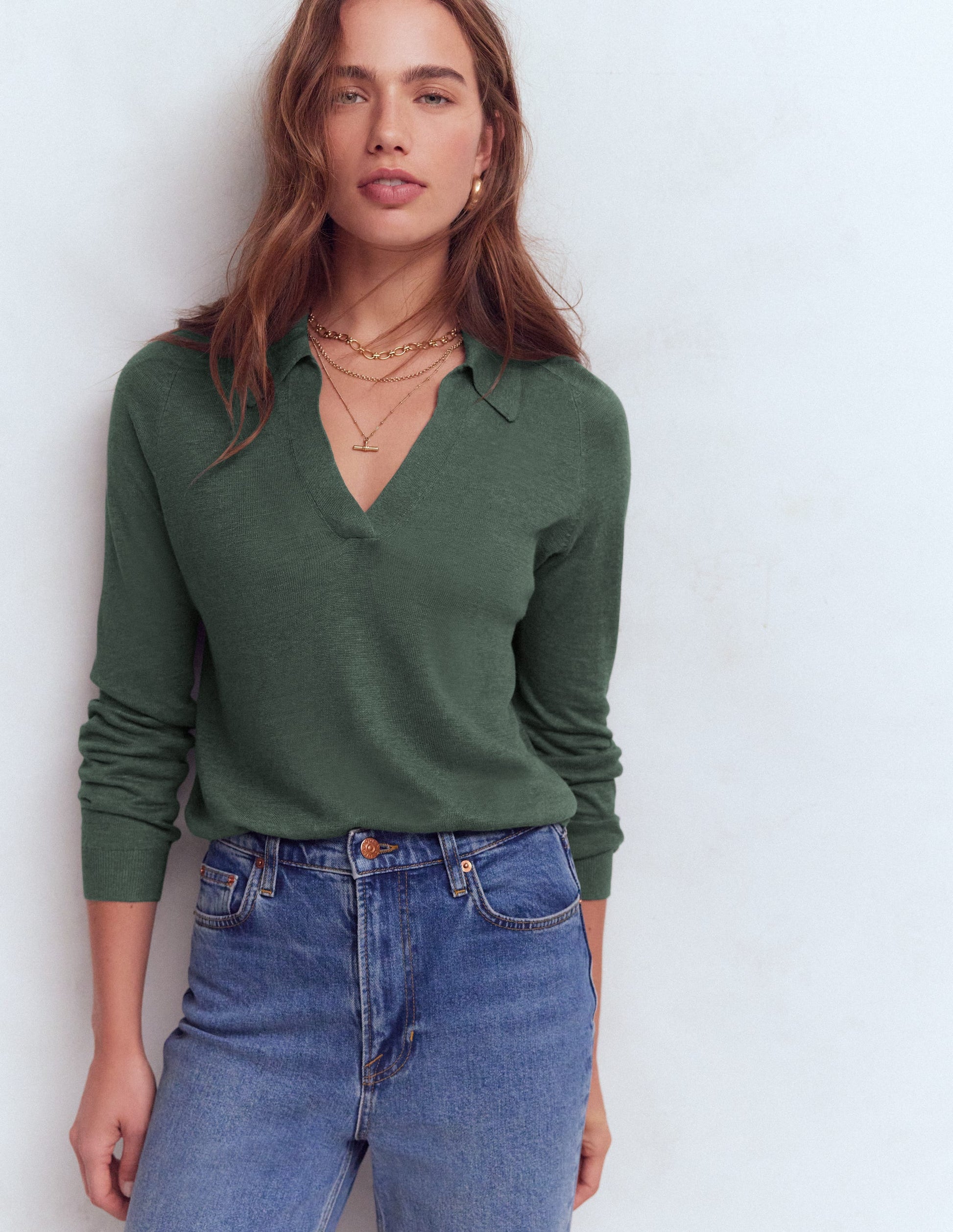 Agnes Leinenpullover mit Kragen-Grüner Jaspis-1