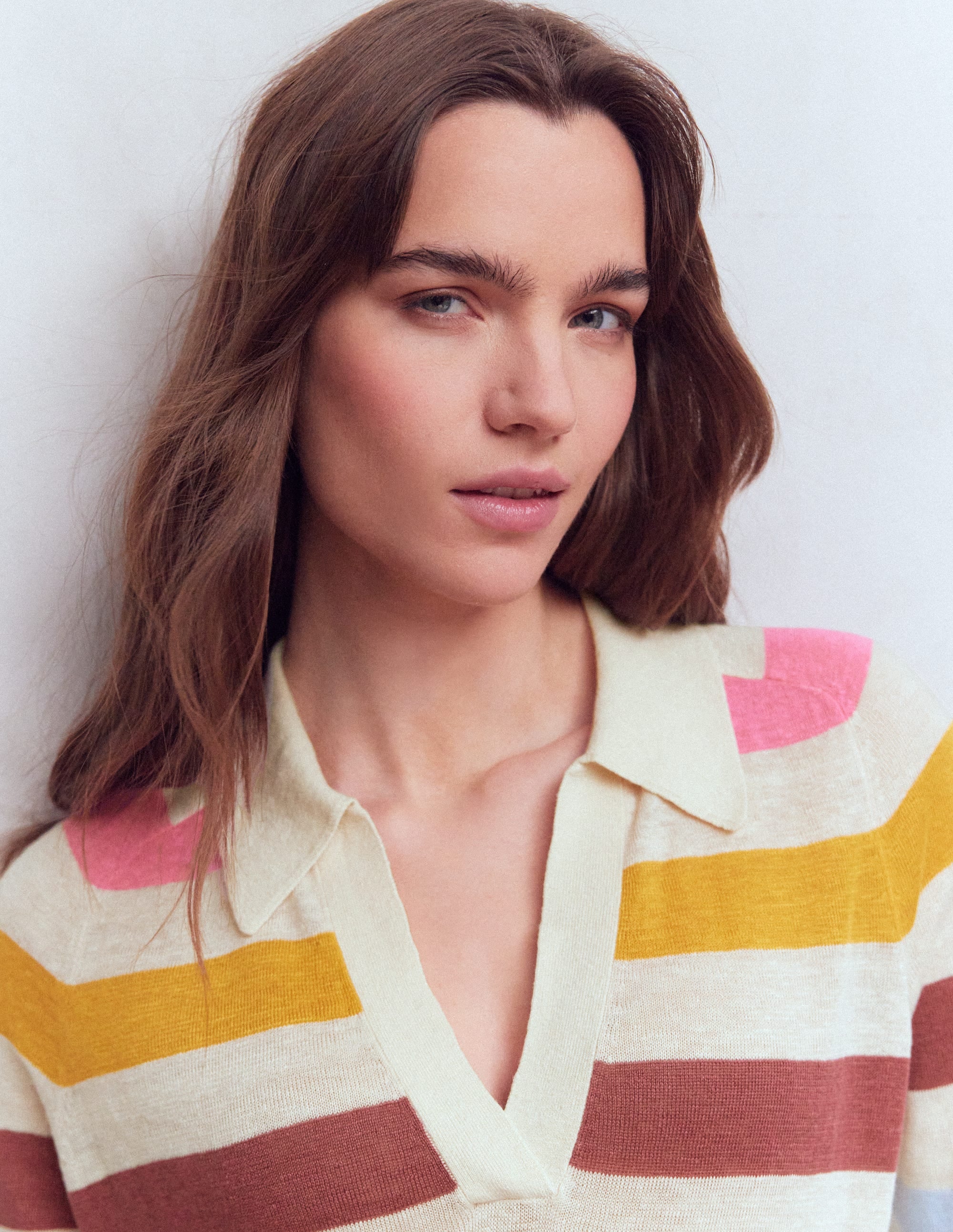 Pull à col Agnes en lin-Rayé multi ivoire, rose et vert - Image 2
