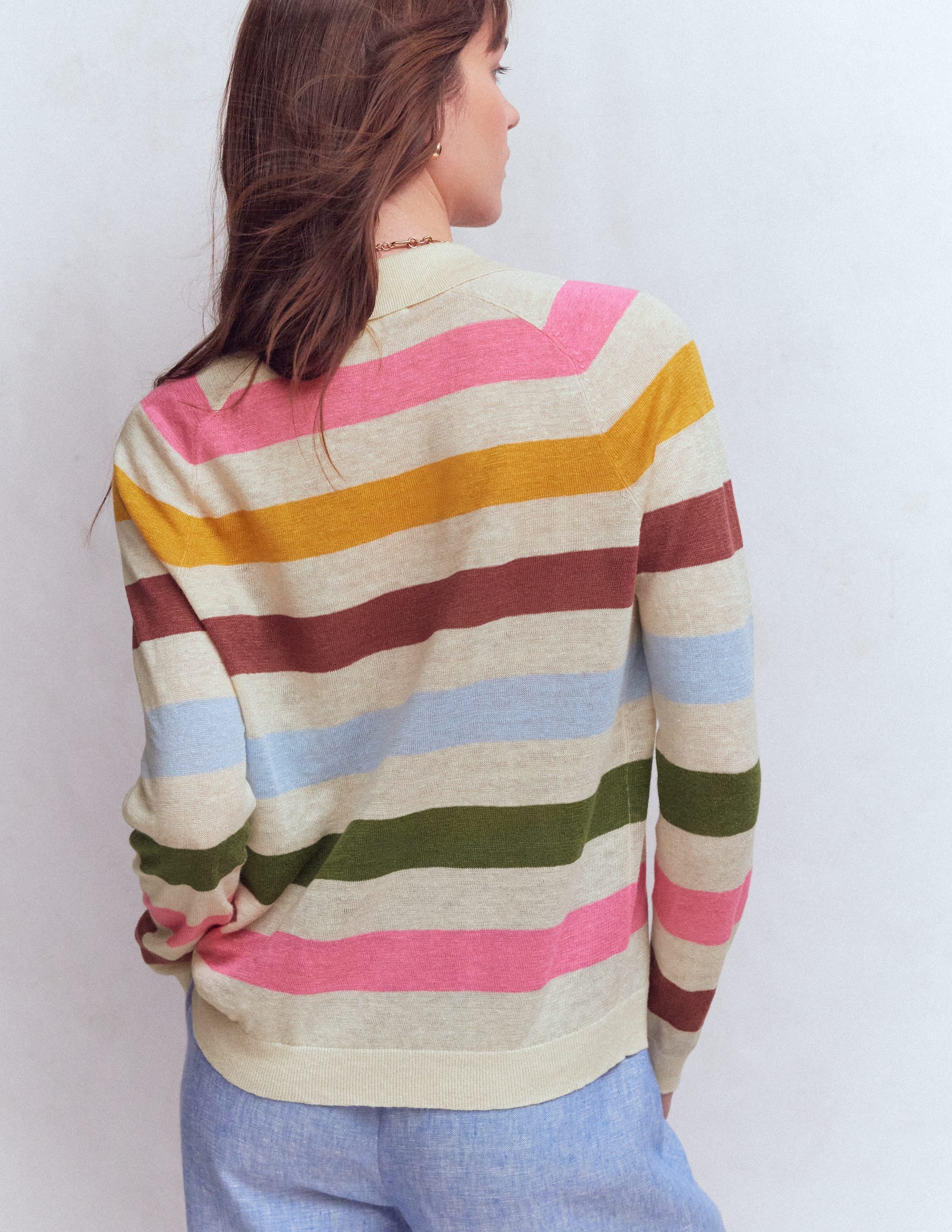 Pull à col Agnes en lin-Rayé multi ivoire, rose et vert - Image 3