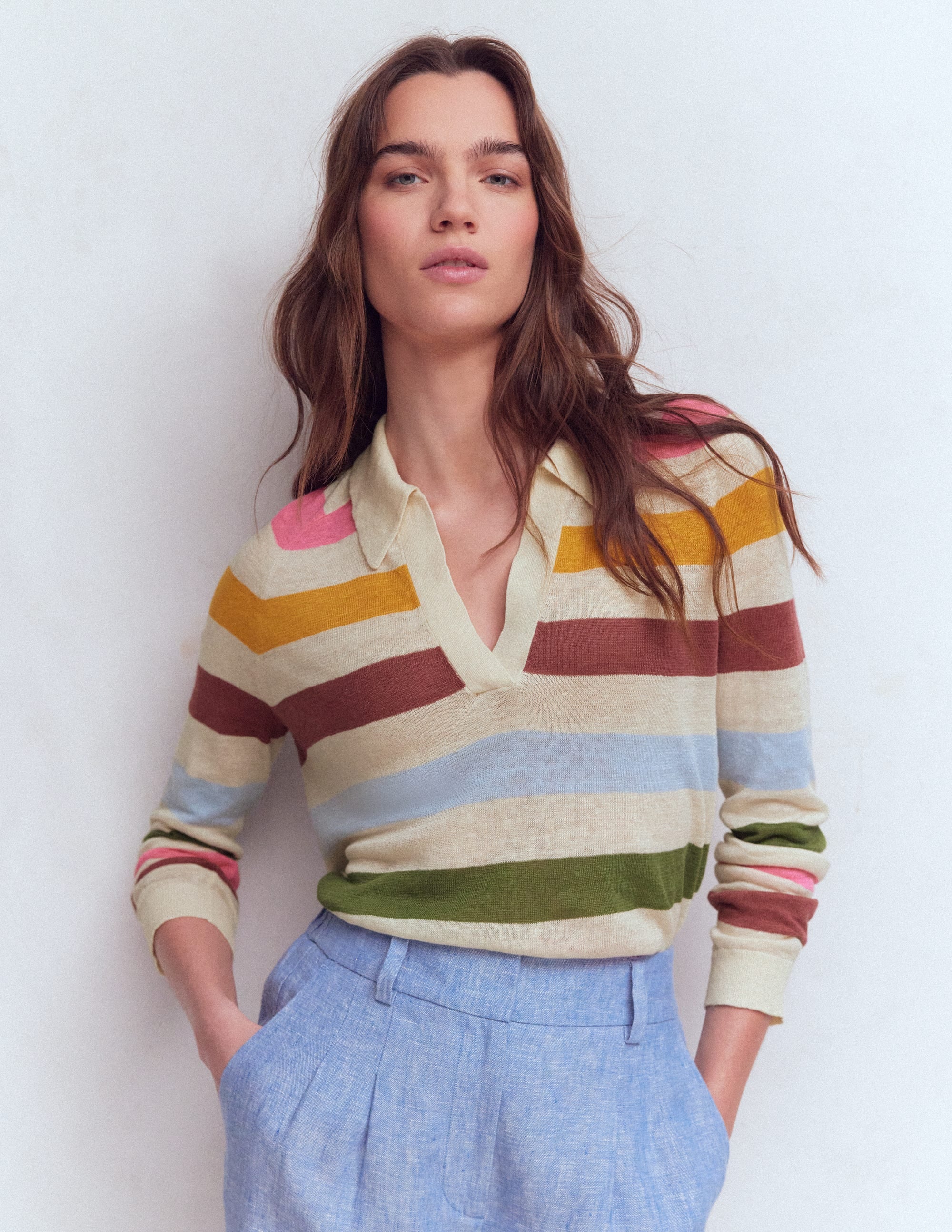 Pull à col Agnes en lin-Rayé multi ivoire, rose et vert - Image 4
