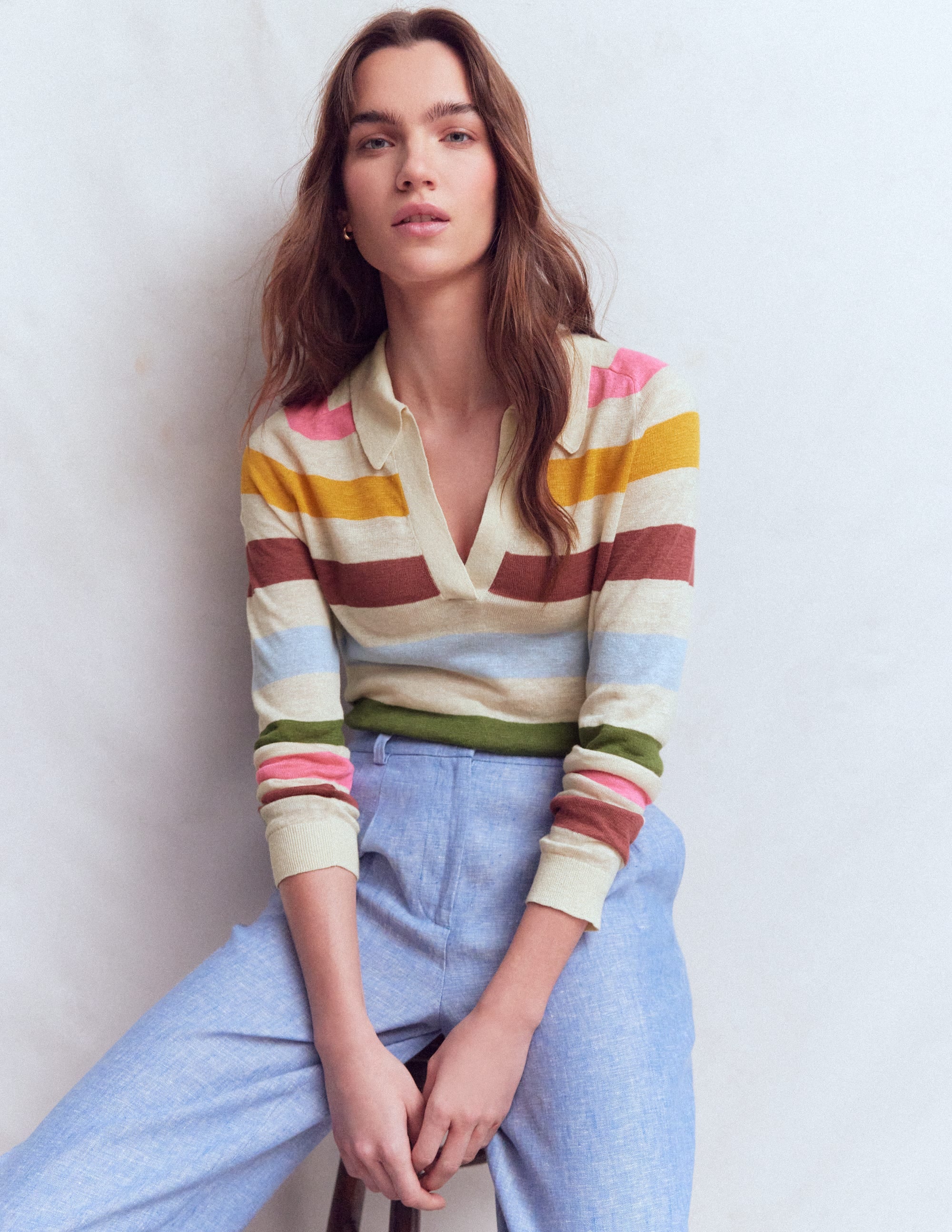 Pull à col Agnes en lin-Rayé multi ivoire, rose et vert - Image 5