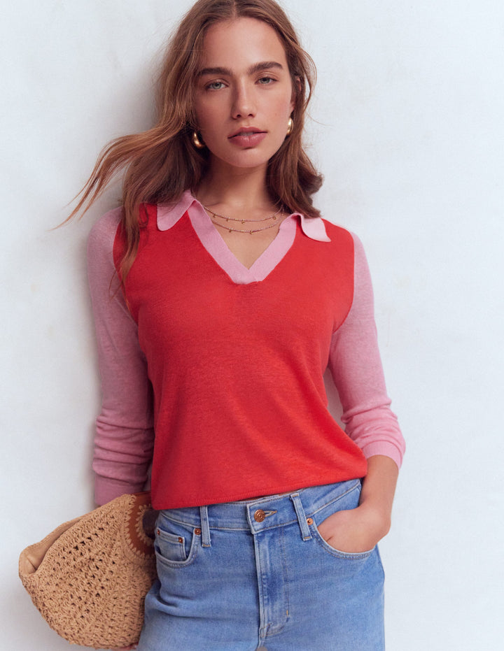Agnes Leinenpullover mit Kragen-Sonniges Korallenrot / Kirschblütenrosa