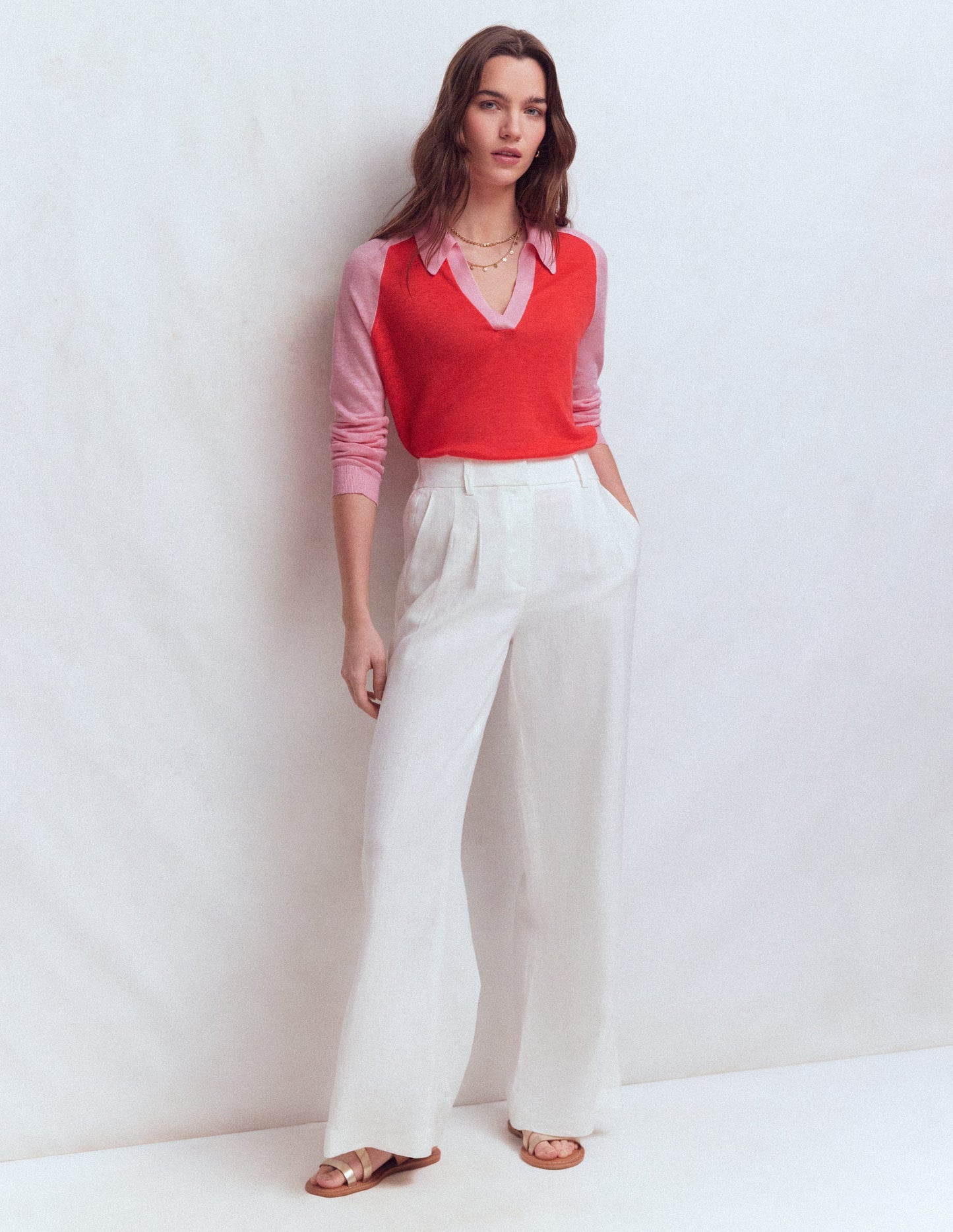 Agnes Leinenpullover mit Kragen-Sonniges Korallenrot / Kirschblütenrosa