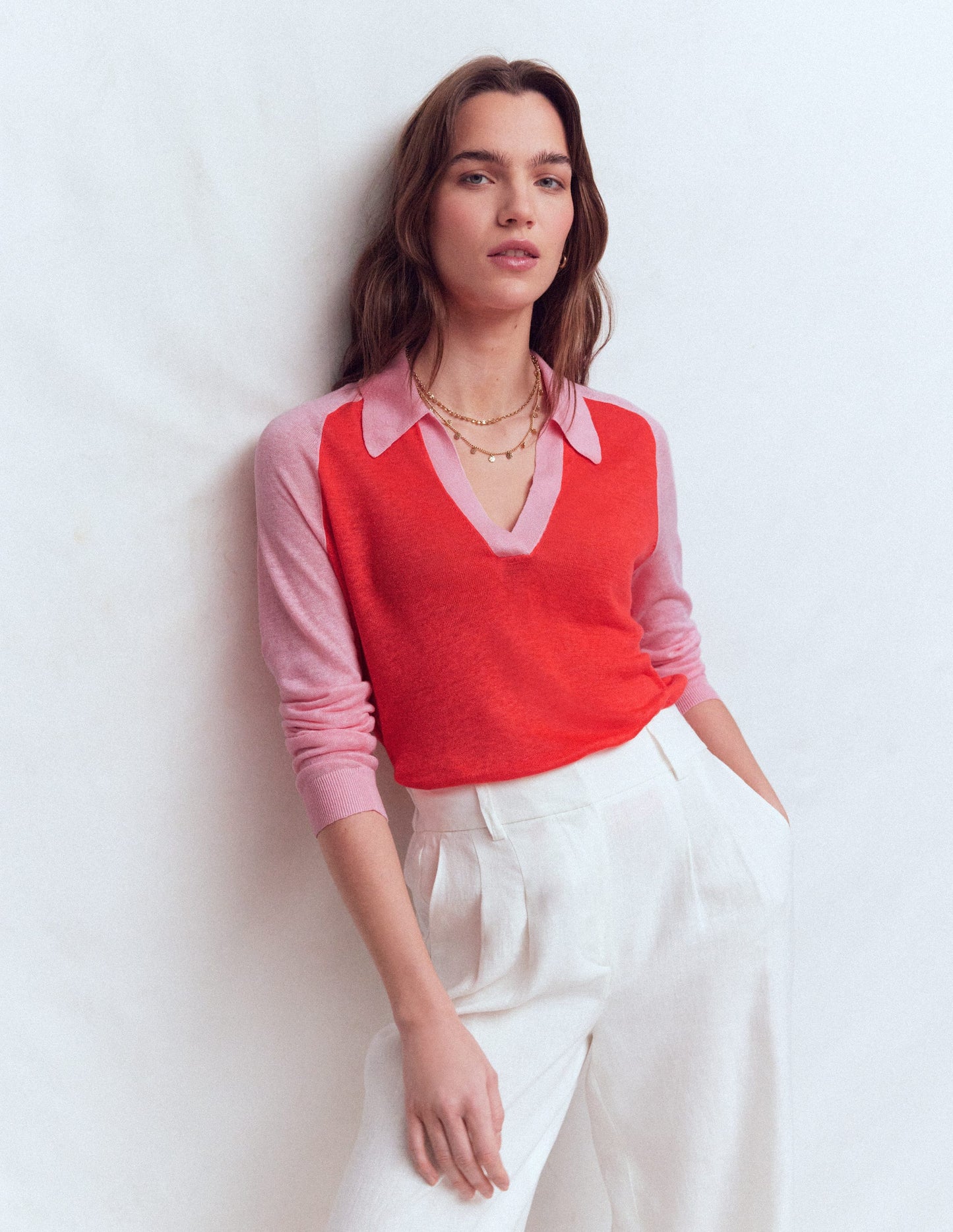 Agnes Leinenpullover mit Kragen-Sonniges Korallenrot / Kirschblütenrosa