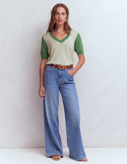 Agnes Leinen-T-Shirt mit V-Ausschnitt-Naturweiß/Grün-4