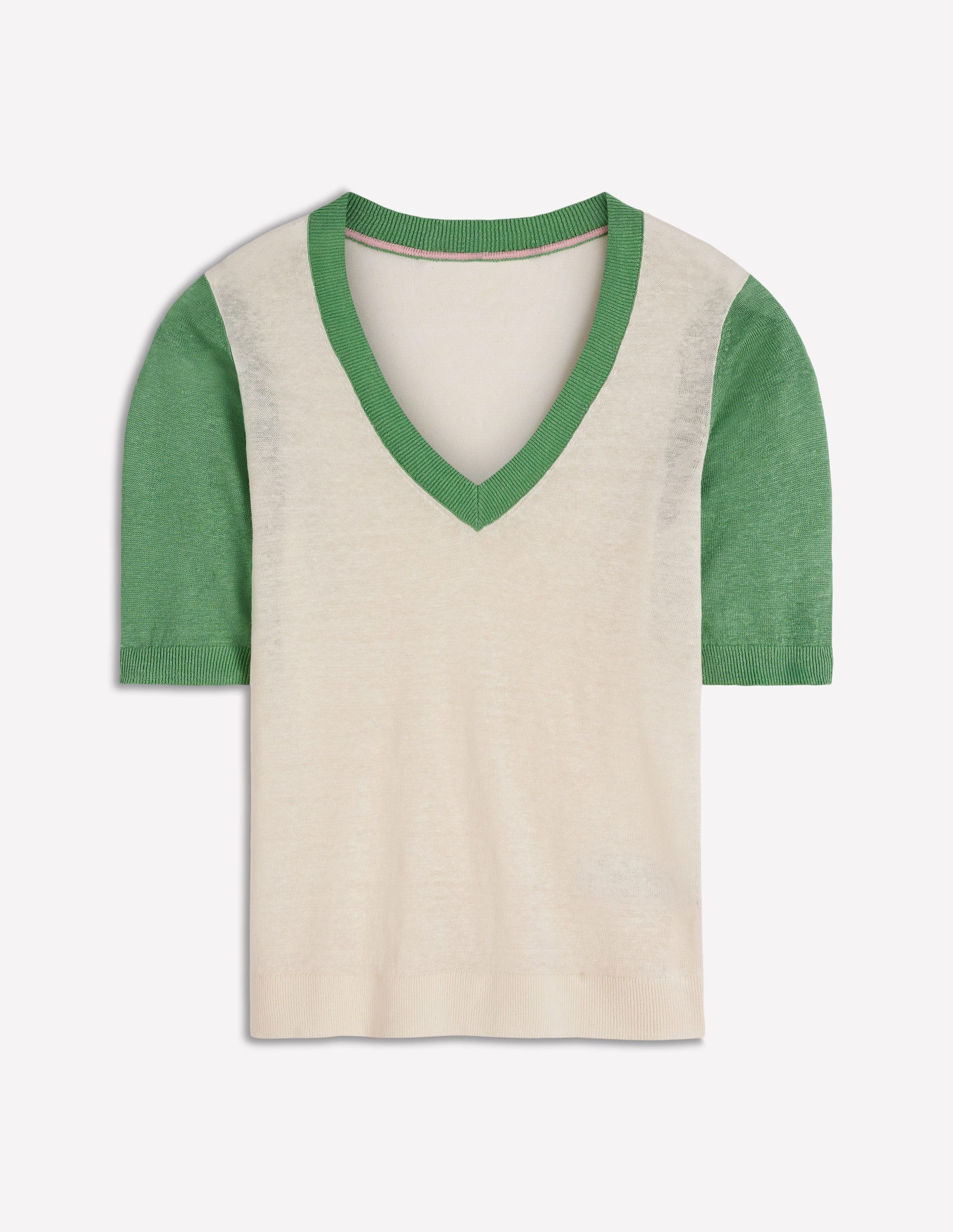 Agnes Leinen-T-Shirt mit V-Ausschnitt-Naturweiß/Grün-6