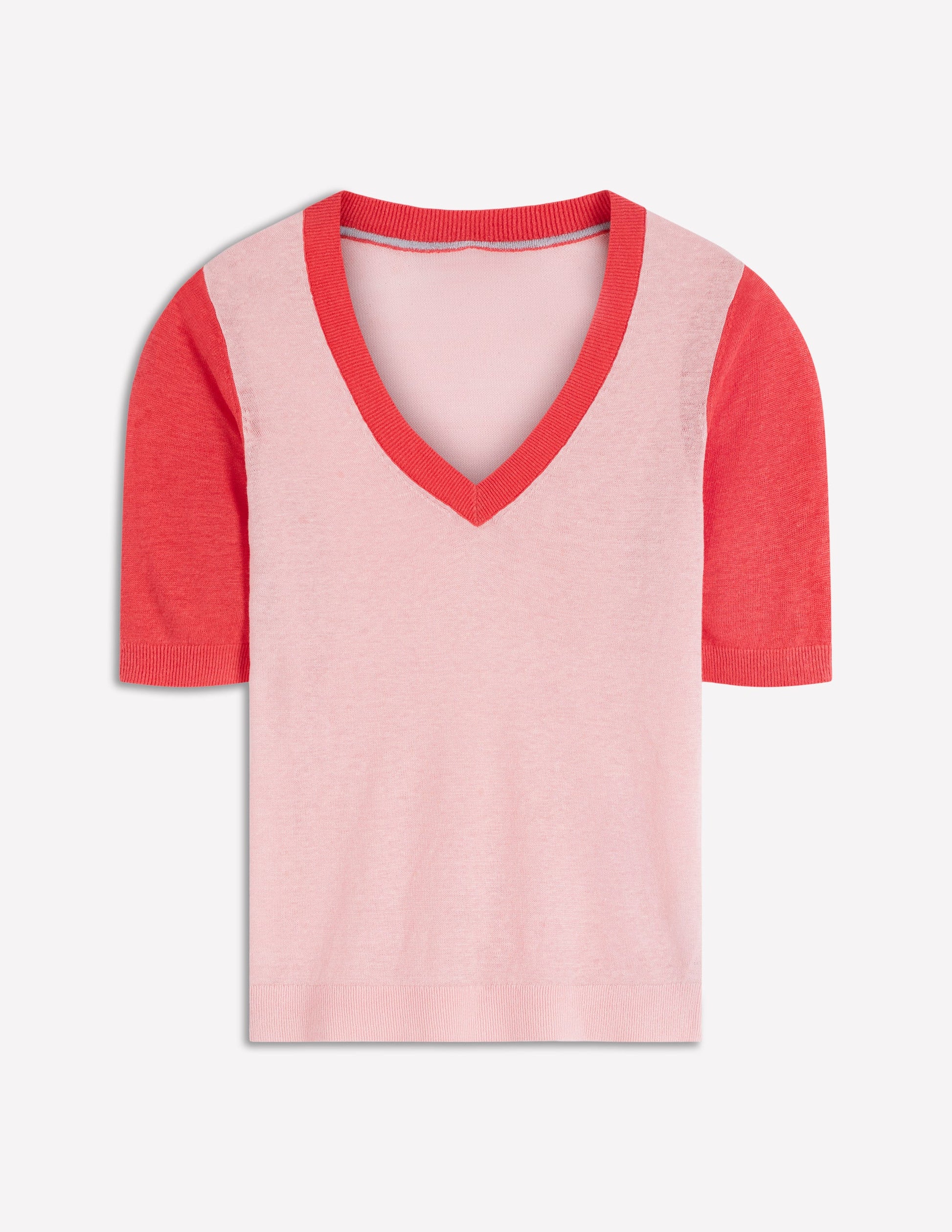 Agnes Leinen-T-Shirt mit V-Ausschnitt-Rosa Blockfarben-5