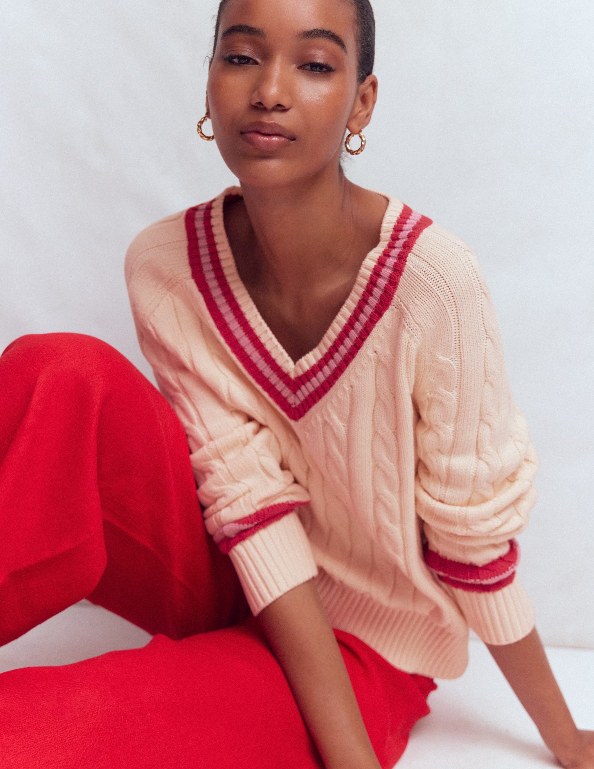 Maeve Texturierter Baumwollpullover-Naturweiß Zopfmuster, Rot-2