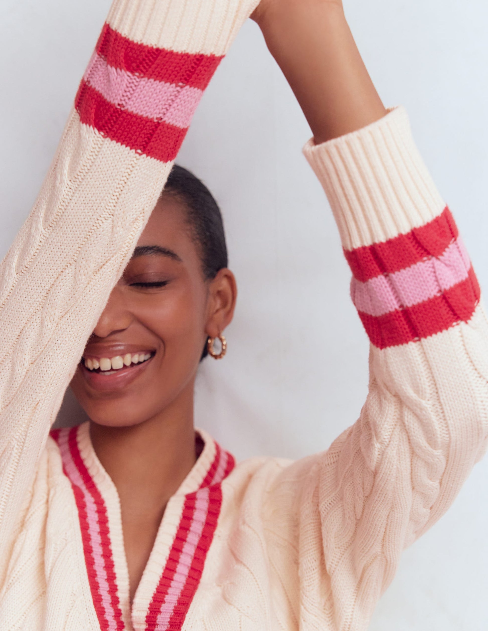 Maeve Texturierter Baumwollpullover-Naturweiß Zopfmuster, Rot-3