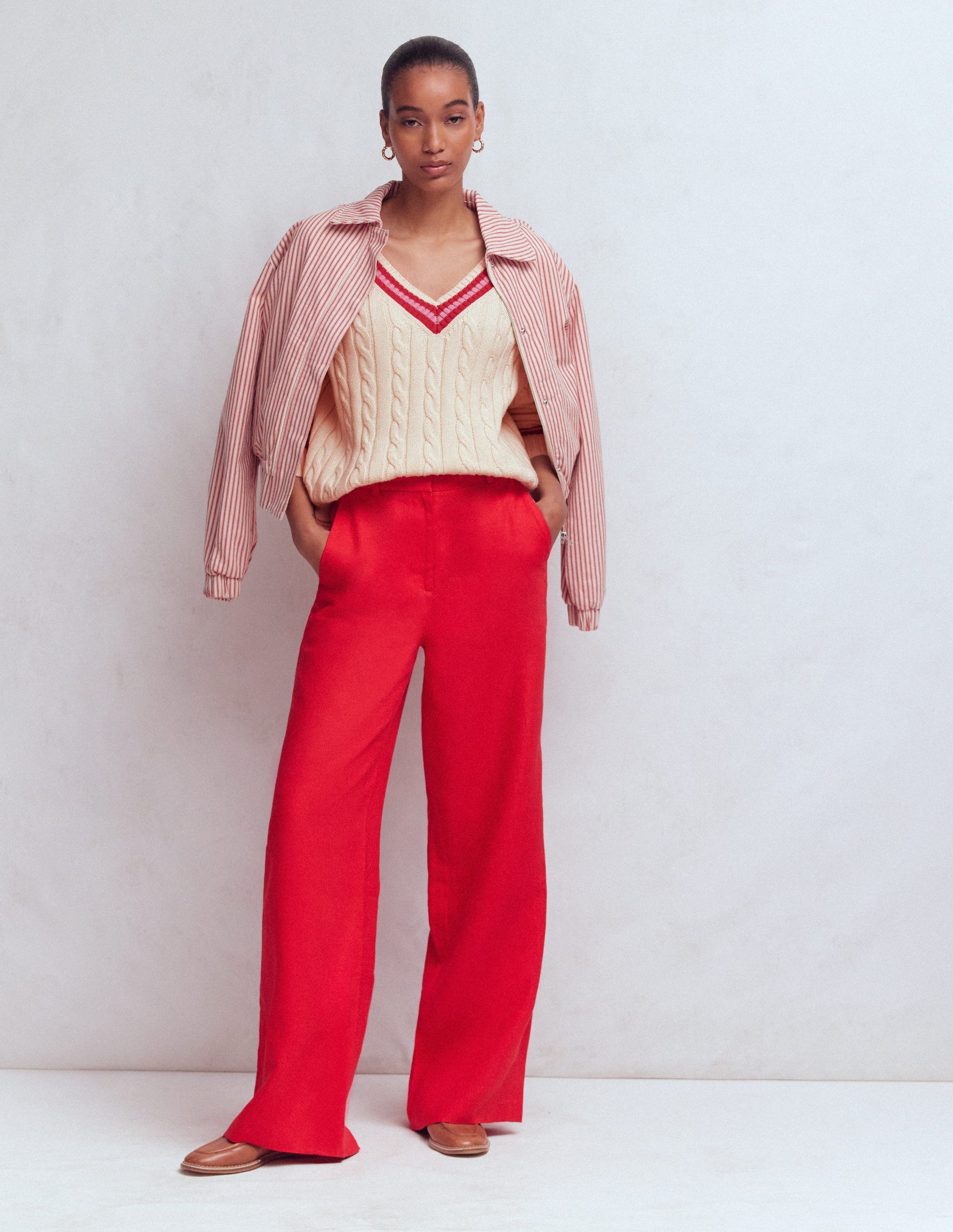 Maeve Texturierter Baumwollpullover-Naturweiß Zopfmuster, Rot-9