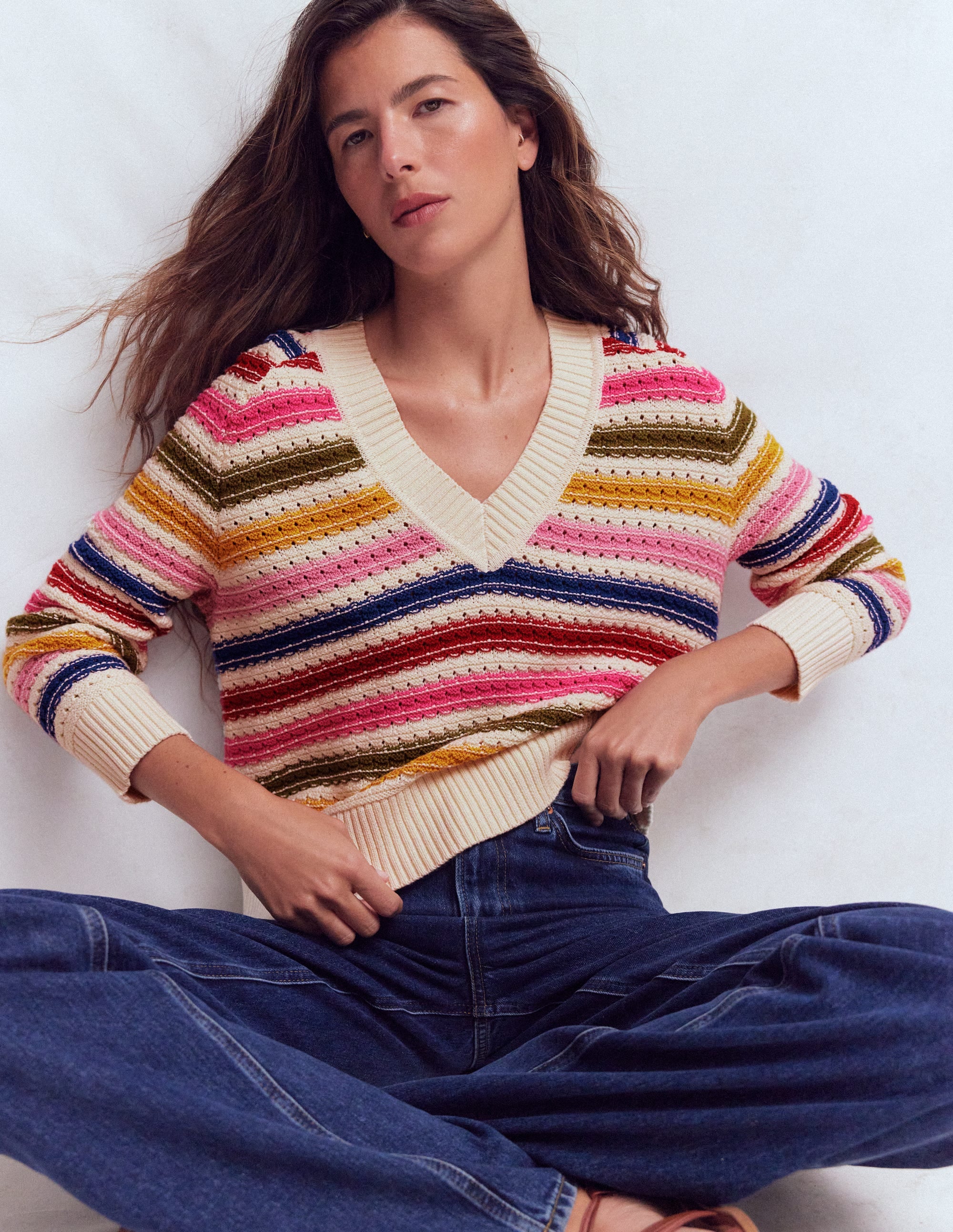 Maeve Texturierter Baumwollpullover-Ackerbohnengrün/Pink, Gestreift - Image 1