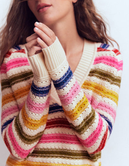 Maeve Texturierter Baumwollpullover-Ackerbohnengrün/Pink, Gestreift-2