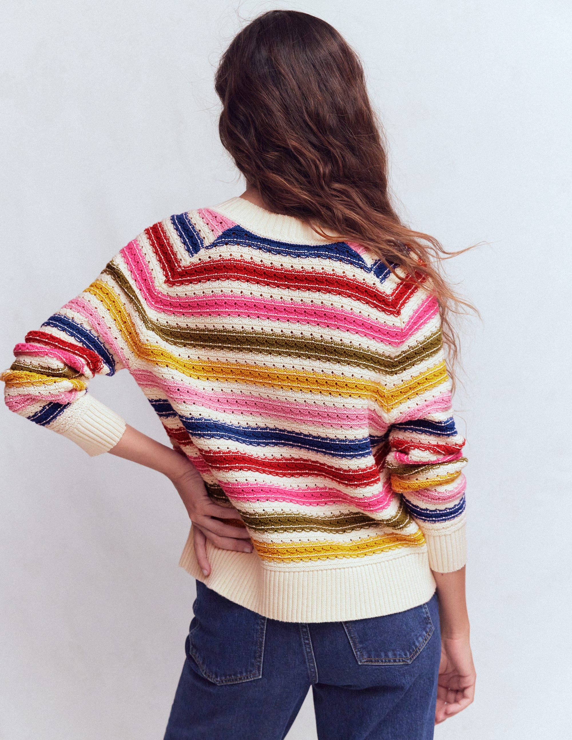 Maeve Texturierter Baumwollpullover-Ackerbohnengrün/Pink, Gestreift - Image 3