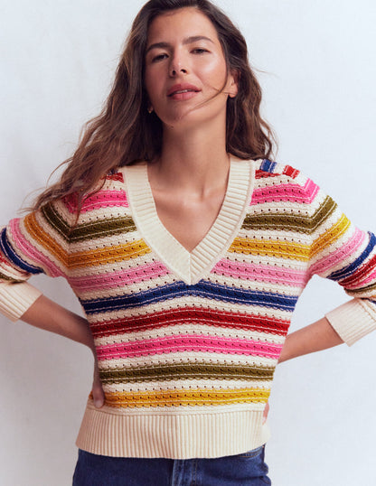 Maeve Texturierter Baumwollpullover-Ackerbohnengrün/Pink, Gestreift-4