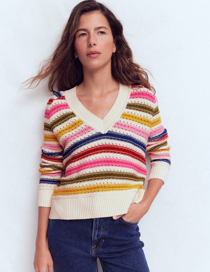 Maeve Texturierter Baumwollpullover-Ackerbohnengrün/Pink, Gestreift-5