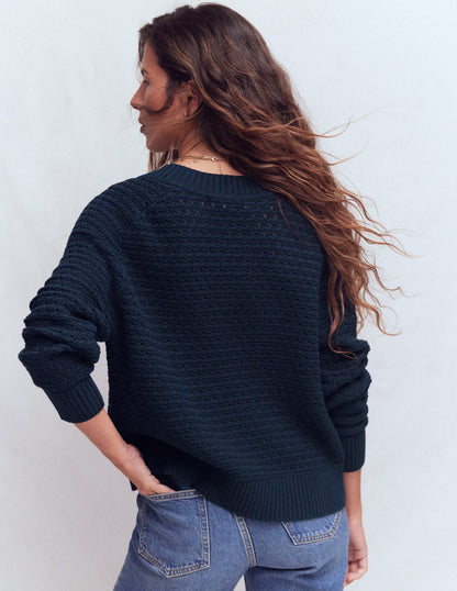 Maeve Texturierter Baumwollpullover-Marineblau-3