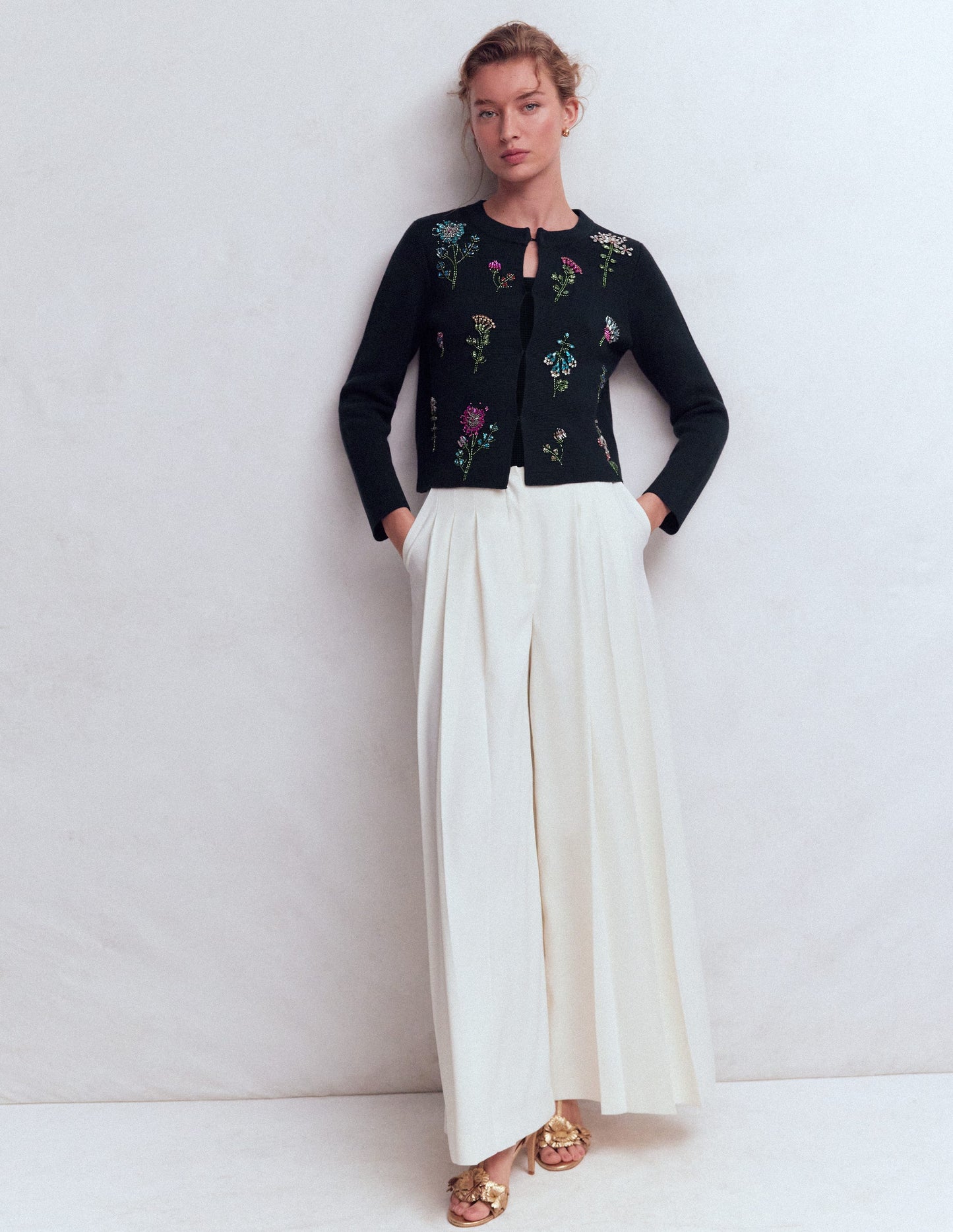 Cardigan court ornementé-Bleu marine