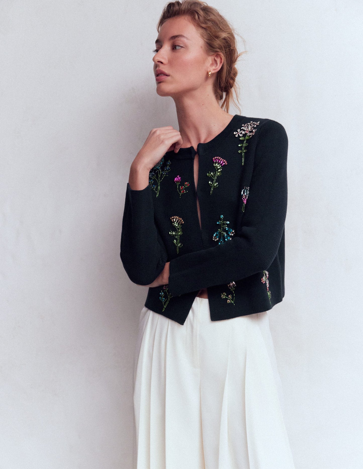 Cardigan court ornementé-Bleu marine