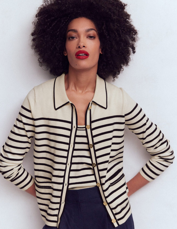 Liz Knitted Collared Cardigan-Ivory/ Navy
