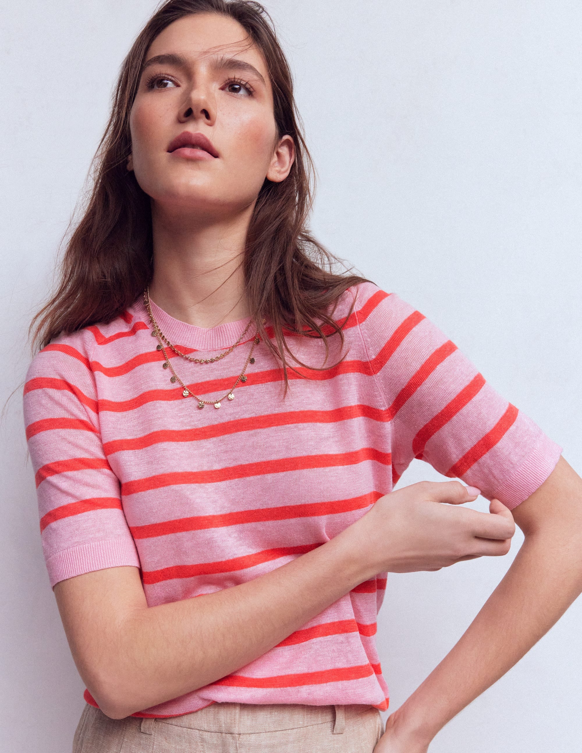Agnes Leinen-T-Shirt mit Knopfleiste-Sonniges Korallenrot / Kirschblütenrosa - Image 1