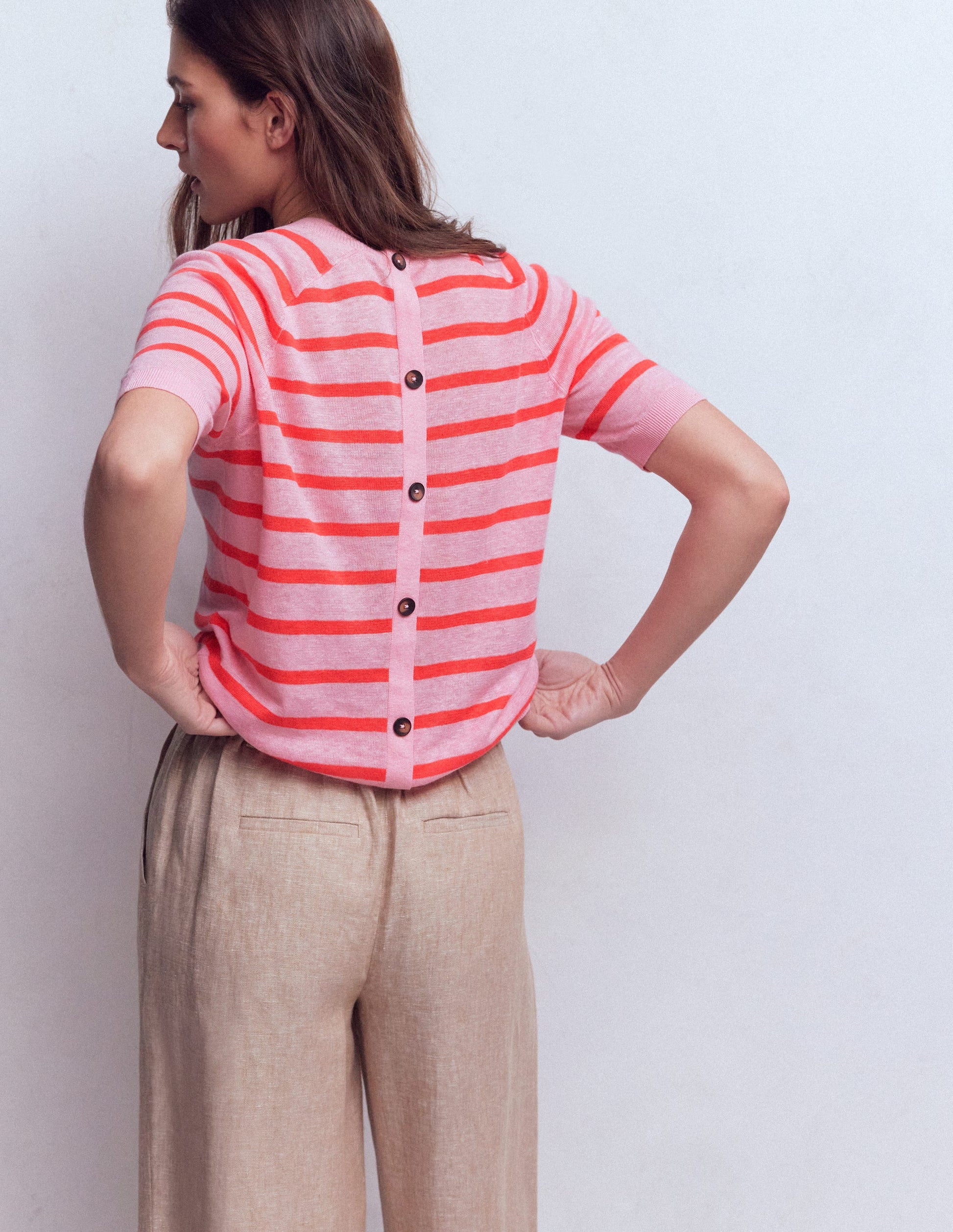 Agnes Leinen-T-Shirt mit Knopfleiste-Sonniges Korallenrot / Kirschblütenrosa-3