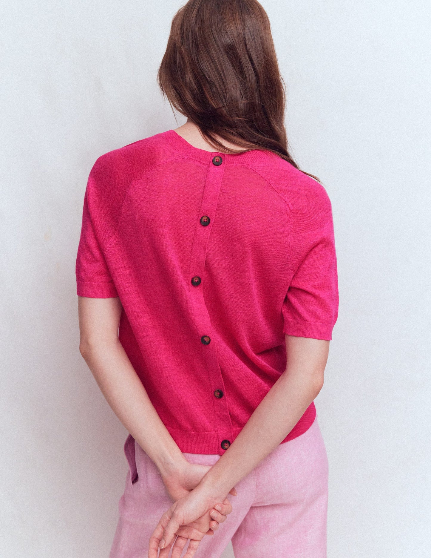 Agnes Leinen-T-Shirt mit Knopfleiste-Rosarot