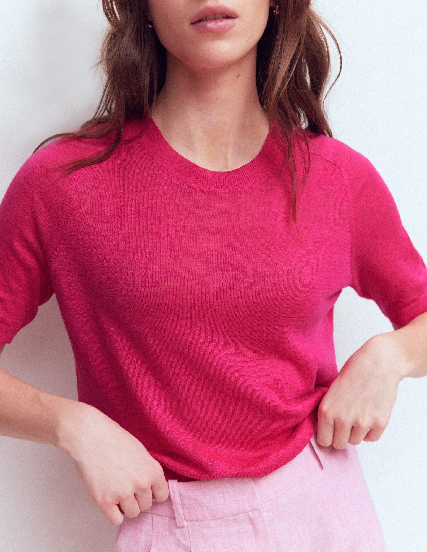 Agnes Leinen-T-Shirt mit Knopfleiste-Rosarot