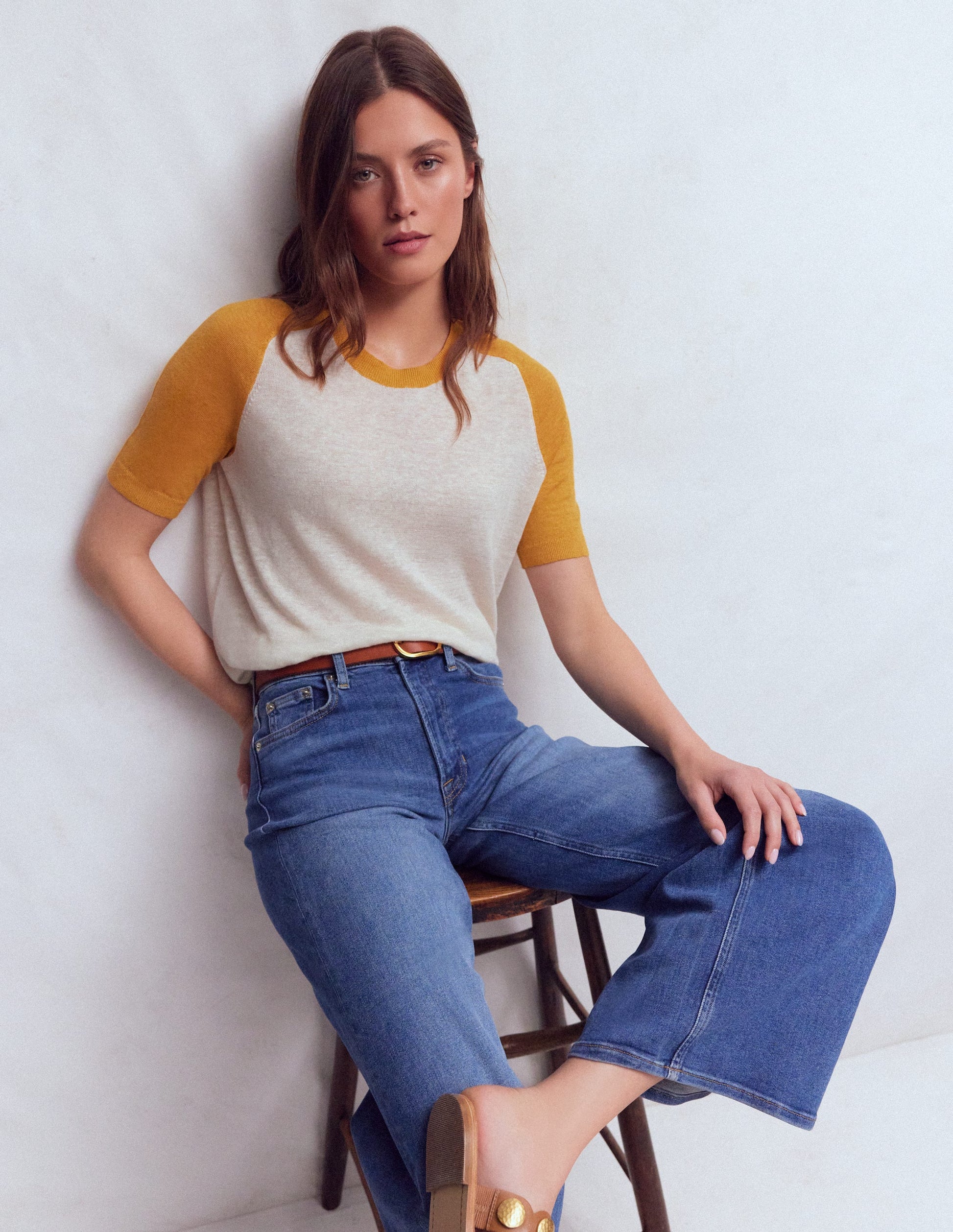 Agnes Leinen-T-Shirt mit Knopfleiste-Gelb, Blockfarben-1