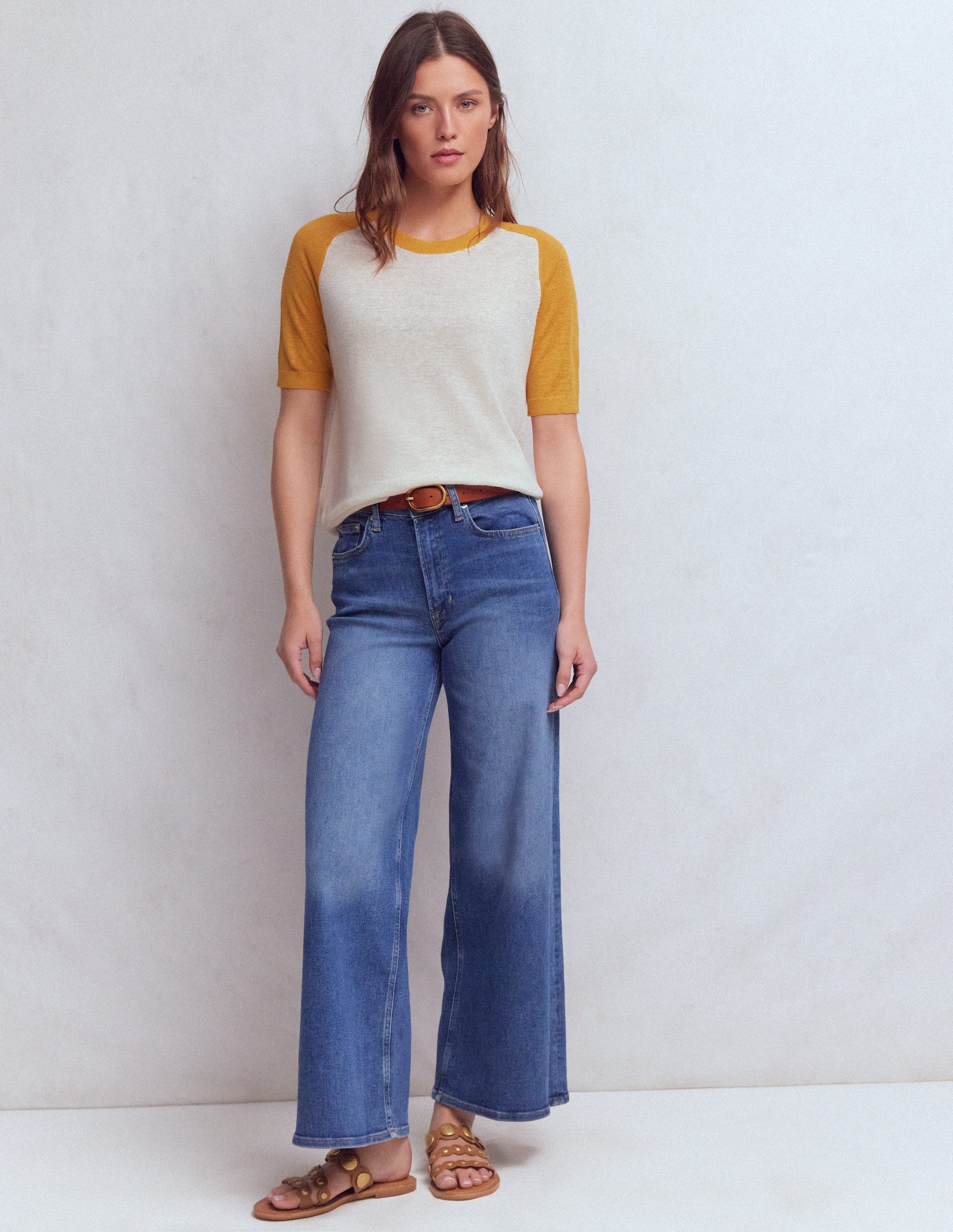 Agnes Leinen-T-Shirt mit Knopfleiste-Gelb, Blockfarben-4