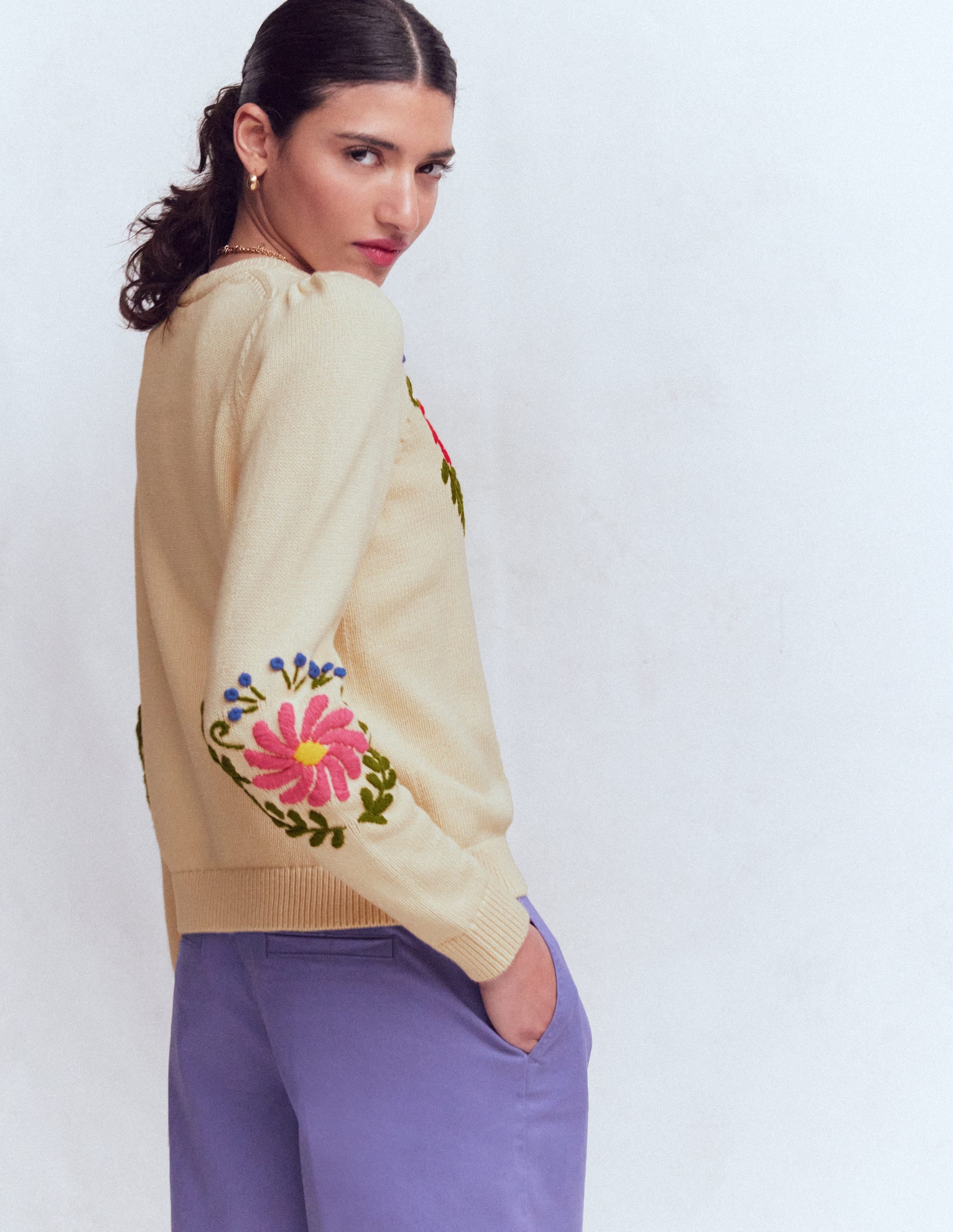 Davina Puff Sleeve Jumper-Ivory Embroidery - Image 3