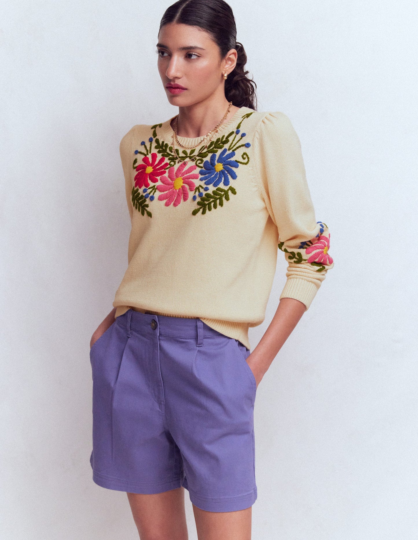 Davina Pullover mit Puffärmeln-Naturweiß mit Stickerei