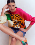 Jacquard-Pullover-Warmes Naturweiß und rosa Tiger