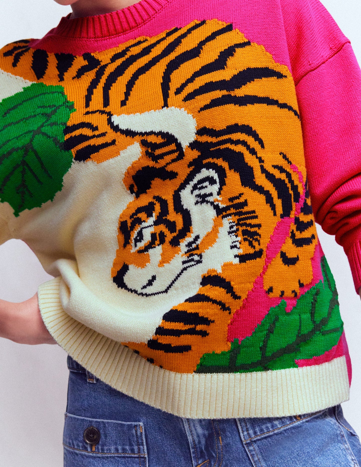Jacquard-Pullover-Warmes Naturweiß und rosa Tiger