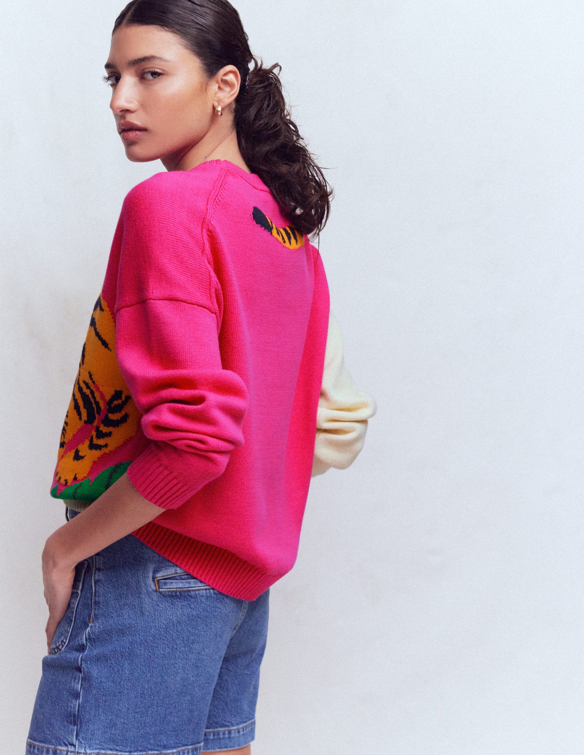 Jacquard-Pullover-Warmes Naturweiß und rosa Tiger-4