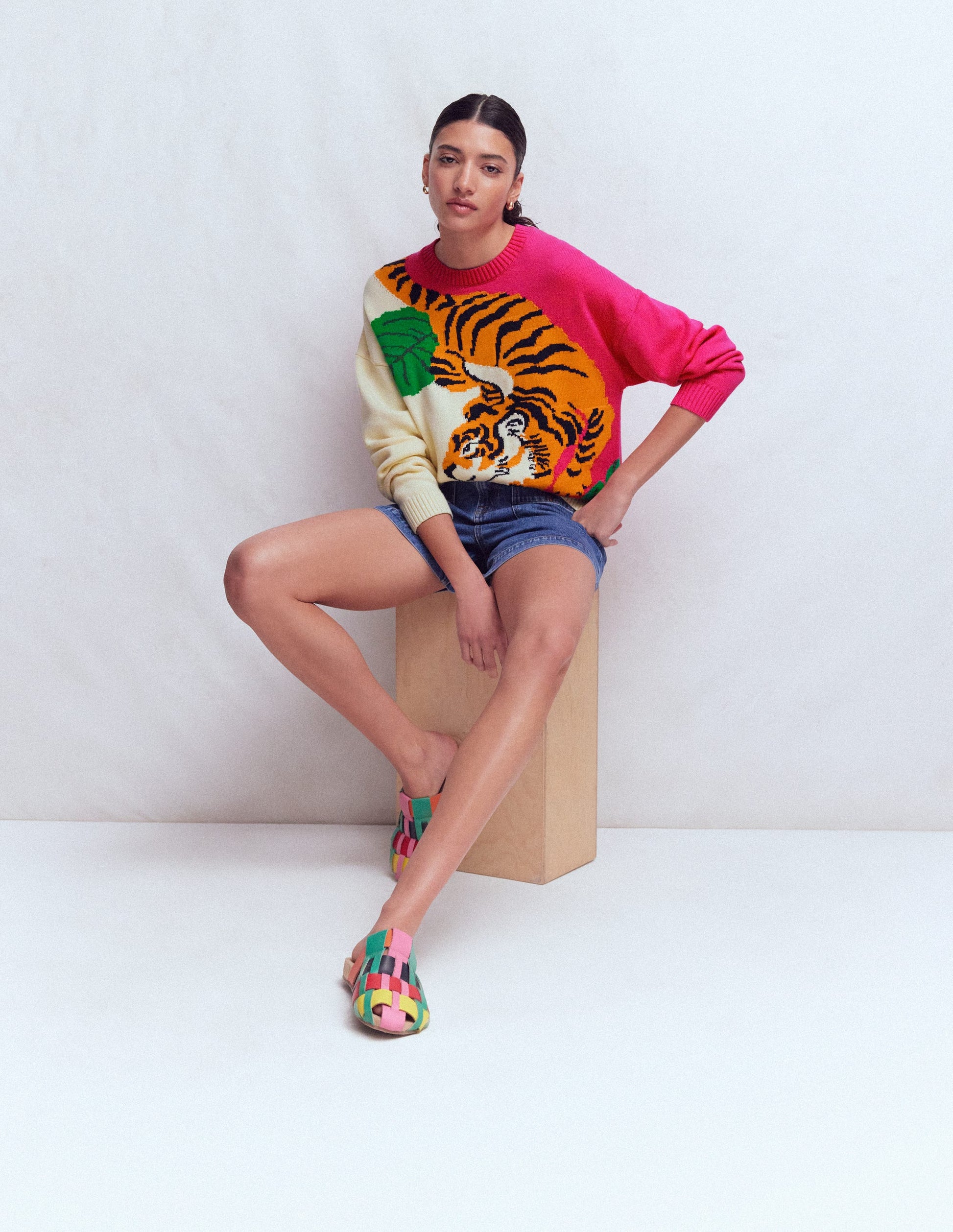 Jacquard-Pullover-Warmes Naturweiß und rosa Tiger-6