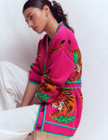 Jacquard-Strickjacke mit Gürtel-Rosa Schafgarbe Tiger