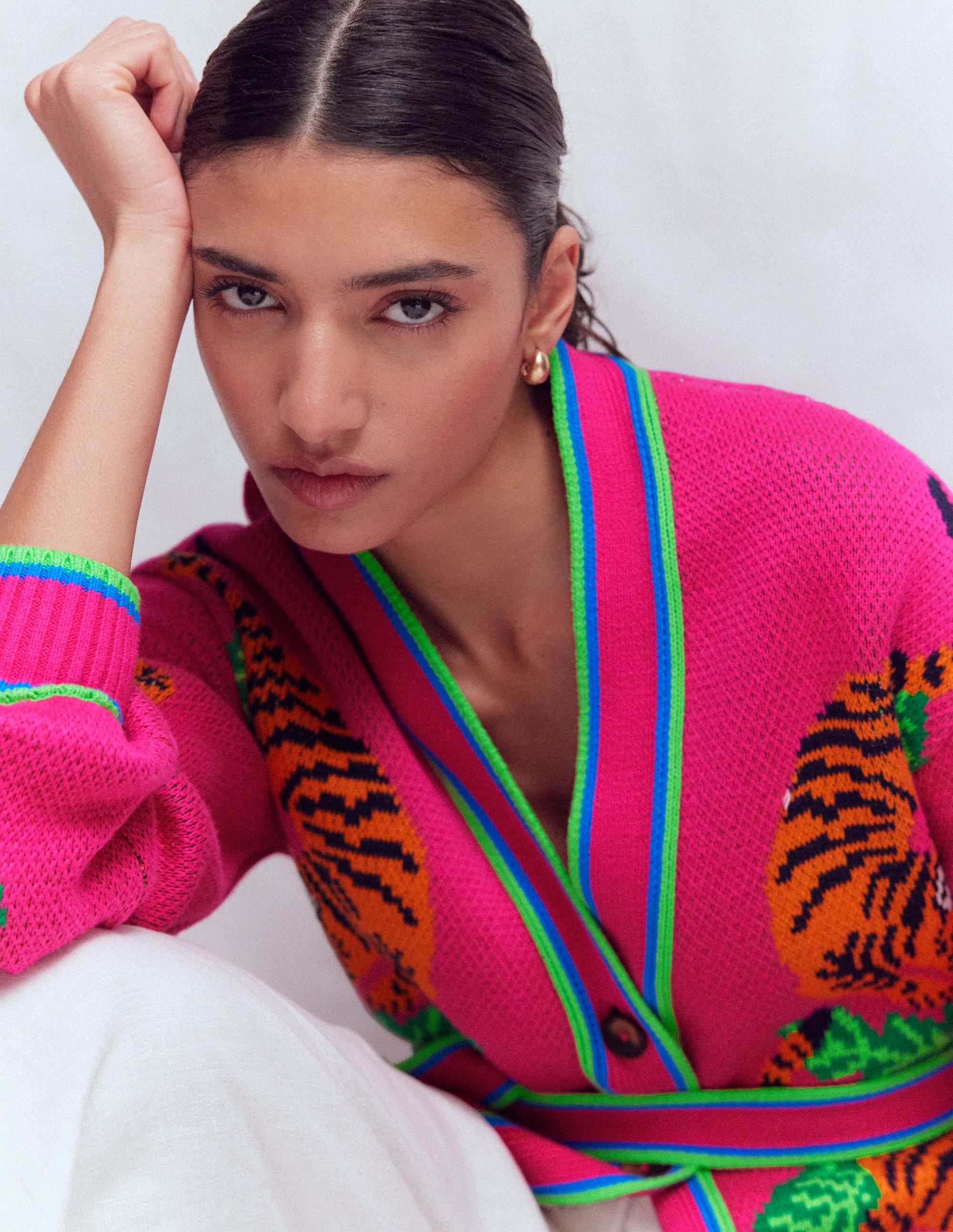 Jacquard-Strickjacke mit Gürtel-Rosa Schafgarbe Tiger - Image 2