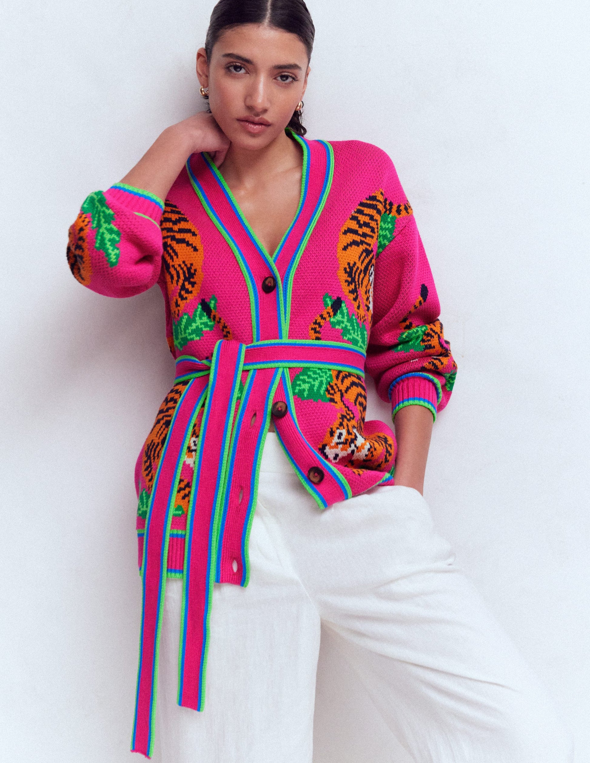 Jacquard-Strickjacke mit Gürtel-Rosa Schafgarbe Tiger-1