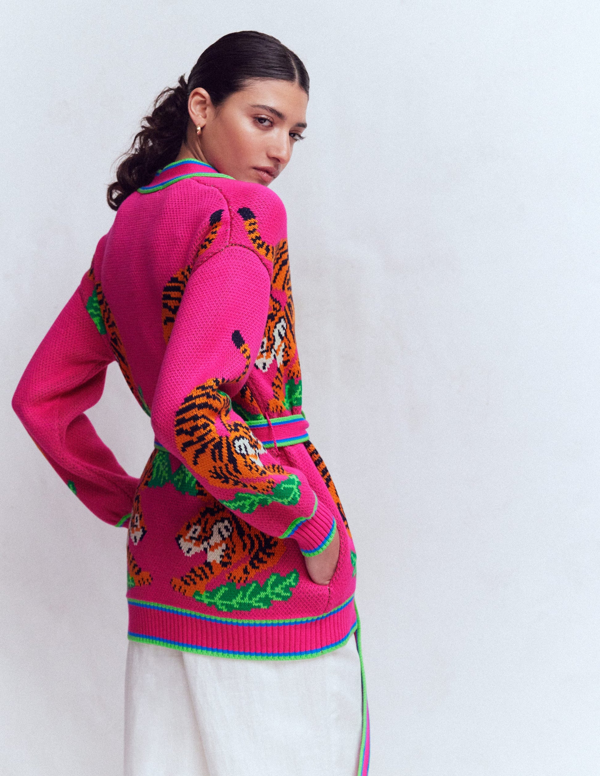 Jacquard-Strickjacke mit Gürtel-Rosa Schafgarbe Tiger-5