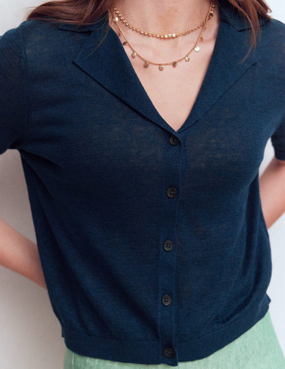 Agnes Leinenstrickjacke mit Kragen-Marineblau-2