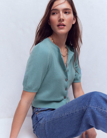 Hübsche verkürzte Strickjacke-Nebelblau-1