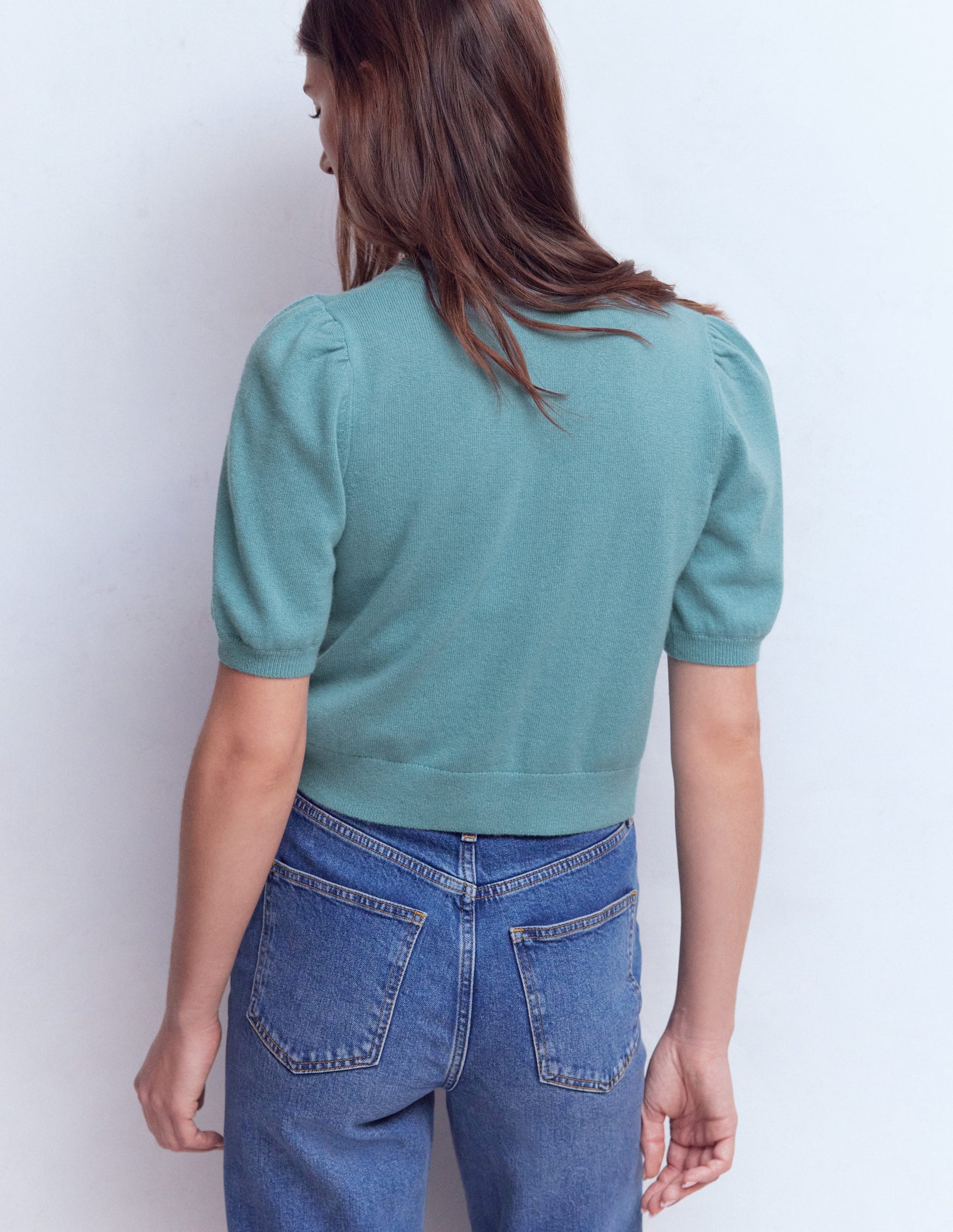 Hübsche verkürzte Strickjacke-Nebelblau-3