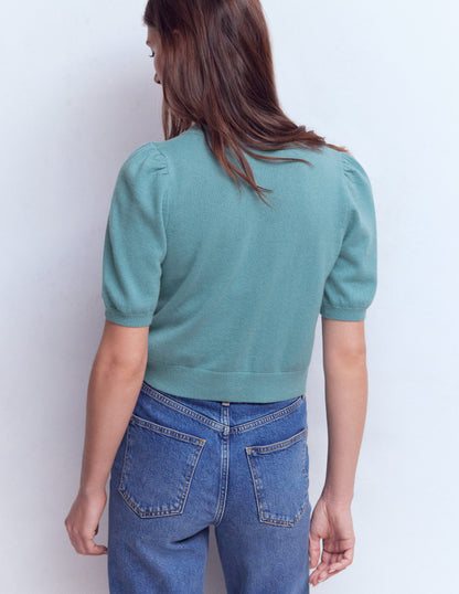 Hübsche verkürzte Strickjacke-Nebelblau-3