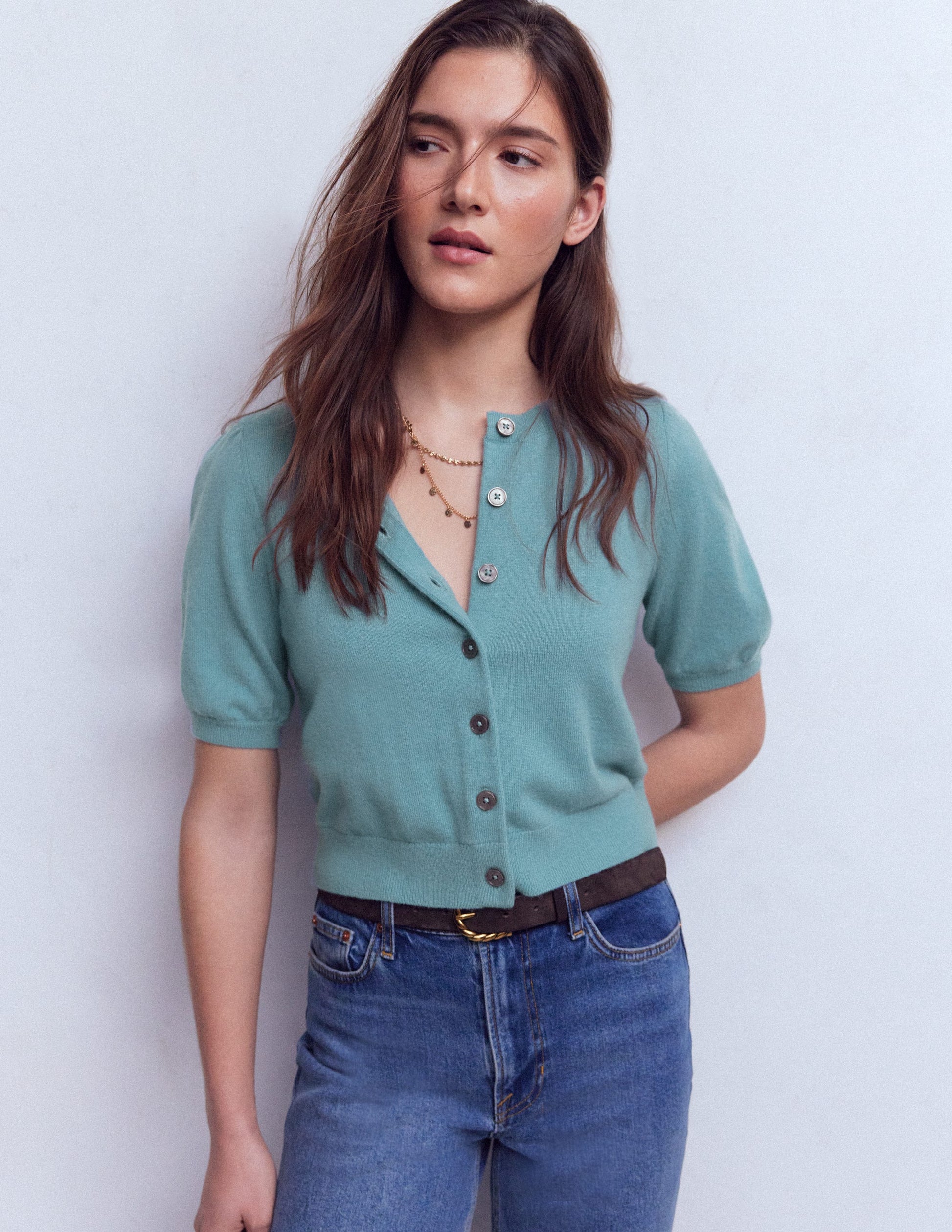 Hübsche verkürzte Strickjacke-Nebelblau-4