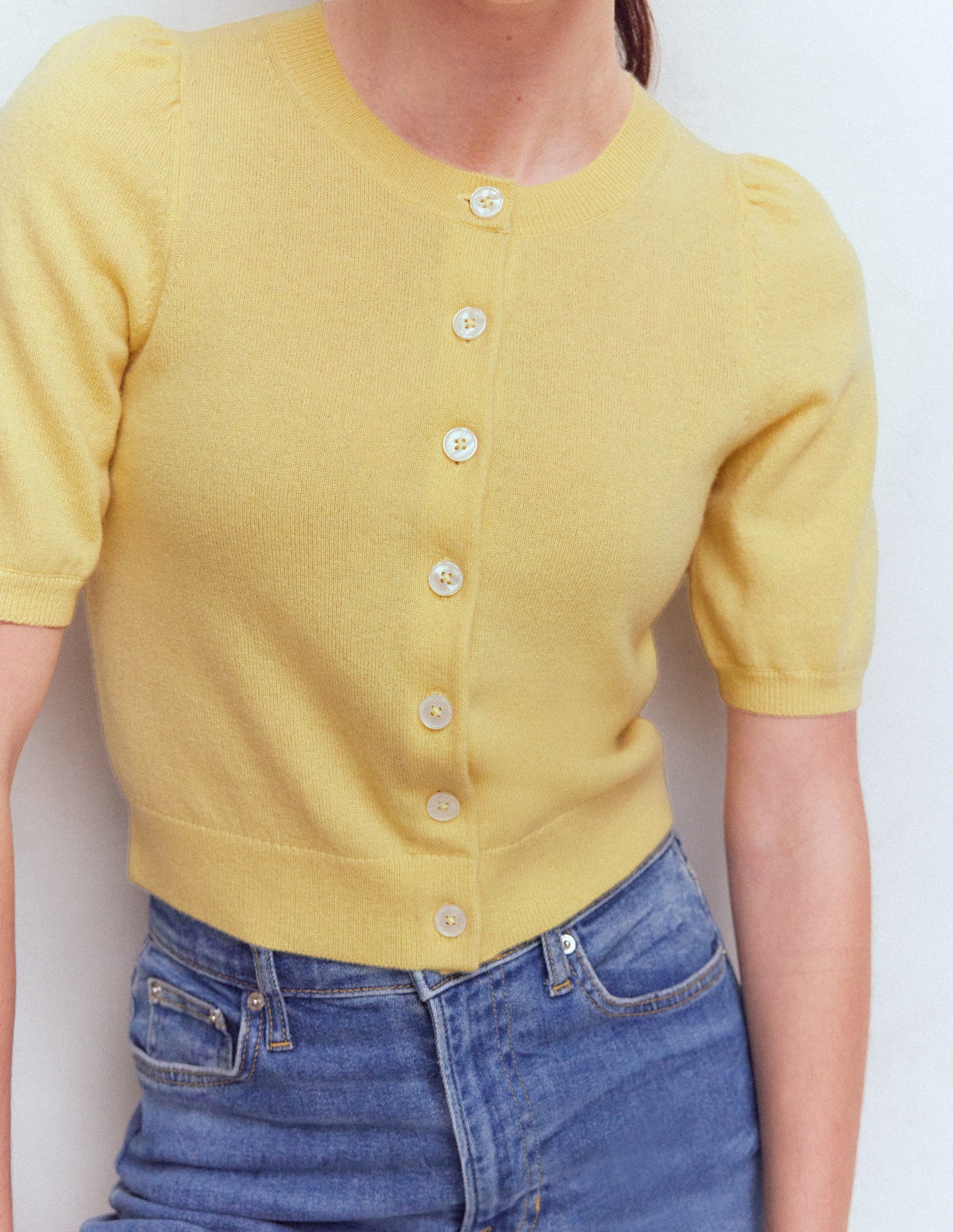 Hübsche verkürzte Strickjacke-Sandsteingelb-2