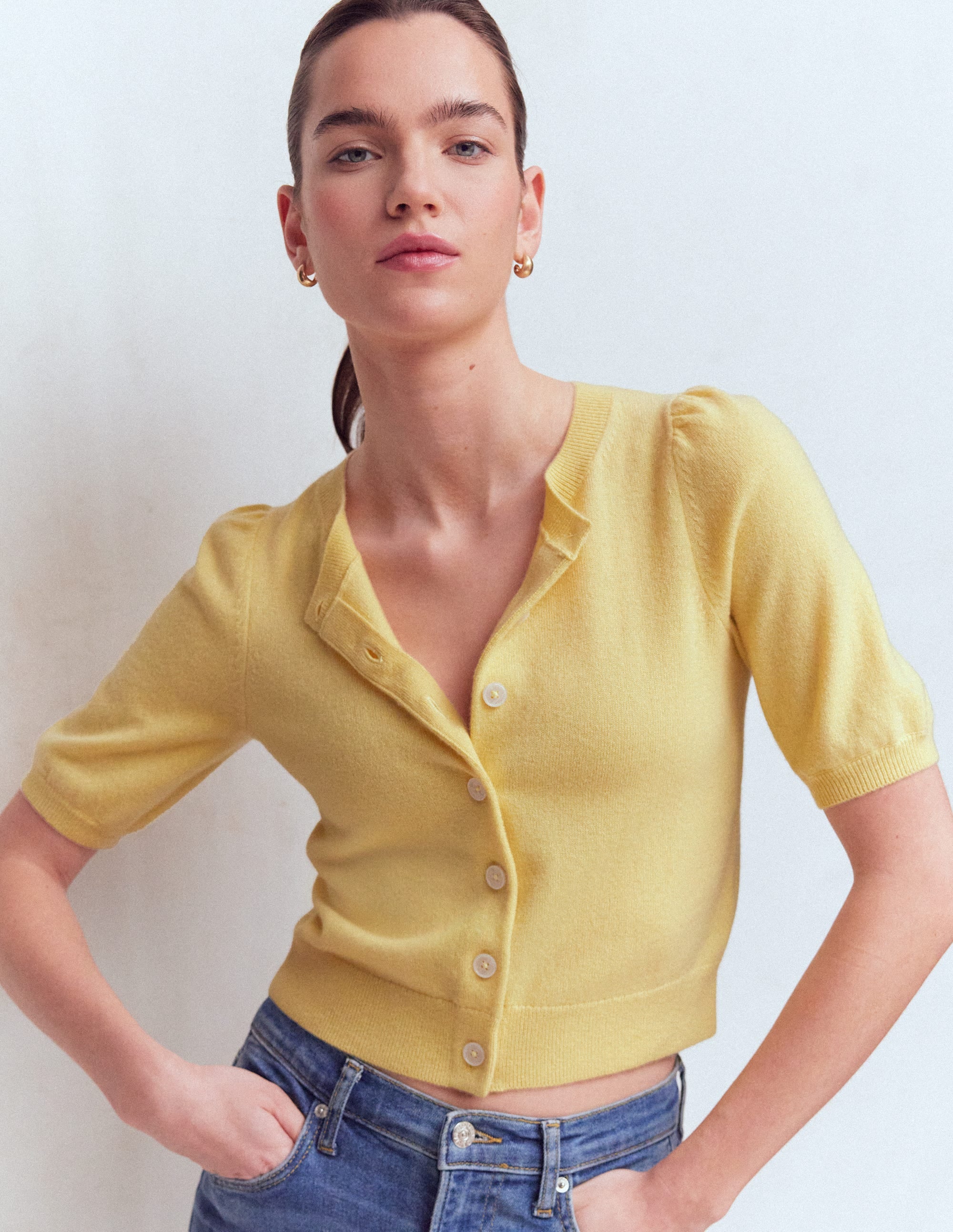 Verkürzte Kaschmir-Strickjacke-Sandsteingelb - Image 4