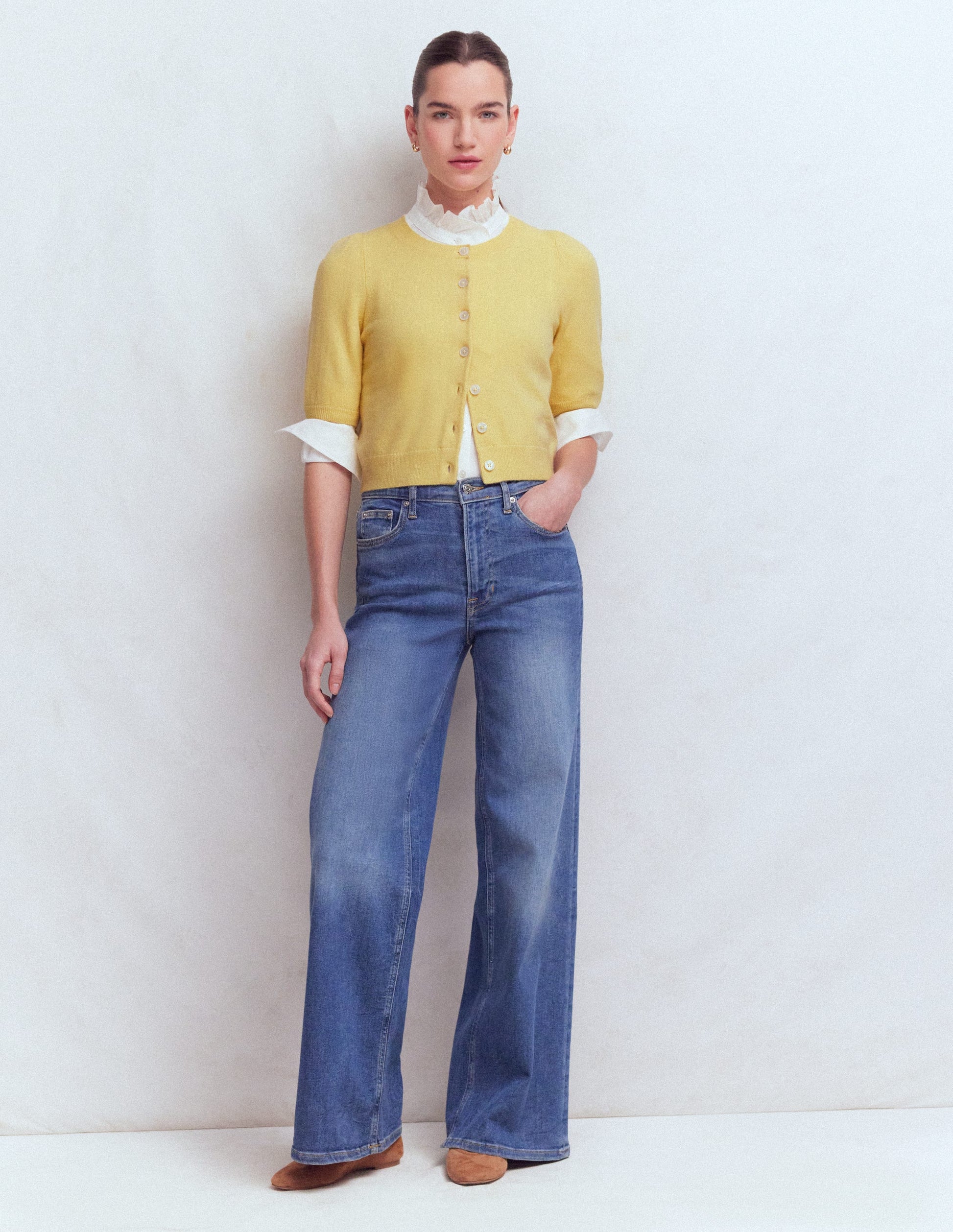 Hübsche verkürzte Strickjacke-Sandsteingelb-6